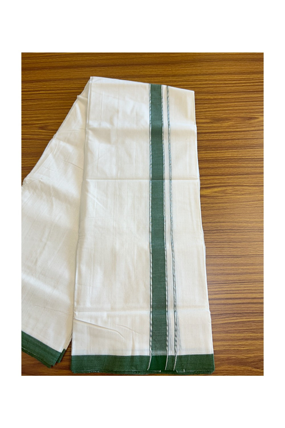 30% DISCOUNT! KaithariKada BALARAMAPURAM HANDLOOM UNAKKUPAAV - 100% PURE Cotton off white (Unbleached) Double Mundu/Dhoti - 1.75 inch Silver Kasavu & Green Stripes Kara-59