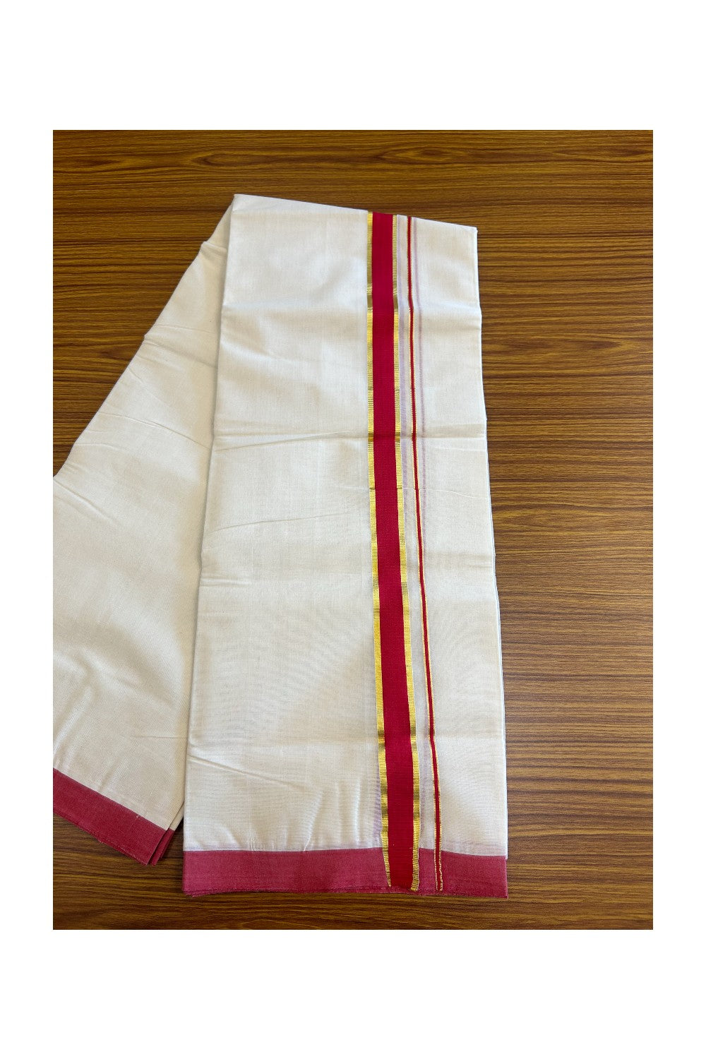 10% DISCOUNT! KaithariKada Balaramapuram 100% Cotton HANDLOOM Double Off white (Unbleached) Mundu/Dhoti-100X100- 2 inch Gold Kasavu &Red Kara-25.