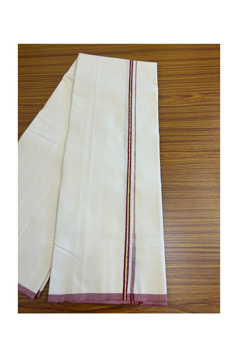 SIGNATURE KAITHARIKADA EXCLUSIVE SINGLE DHOTI - 100% Cotton Balaramapuram HANDLOOM Single Mundu/Dhoti - Off White - (Unbleached) 1 cm Maroon & KASAVU Chutty Kara (2 meter / 4 muzham) - 2KK5075KAI