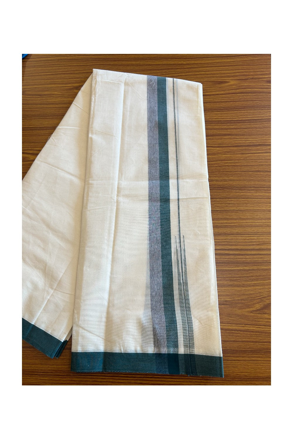 5% Discount!!! KaithariKada Balaramapuram Double Off white - (Unbleached) Mundu/Dhoti - 80X90 - 1.75 inch Green & Violet Shaded puliyilakkara striped chutty - 2KK5077KAI