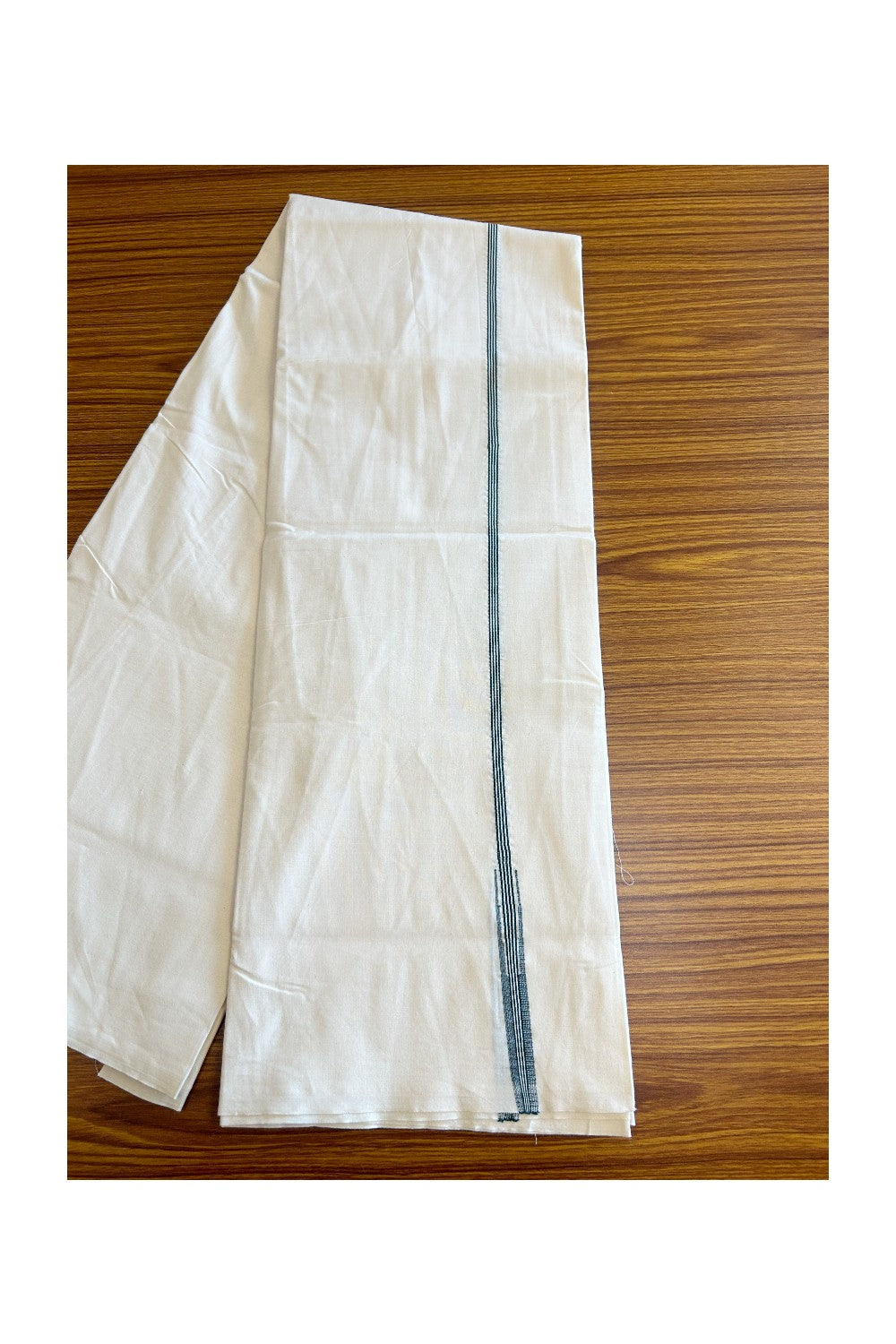 16% DISCOUNT ! KaithariKada Balaramapuram 100% COTTON SINGLE OFF WHITE (Unbleached) Mundu/Dhoti-100X100- 0.5 inch Puliyilakkara Dark Green Striped Chutty Kara (2 meter / 4 muzham) - 2KK5087ASH