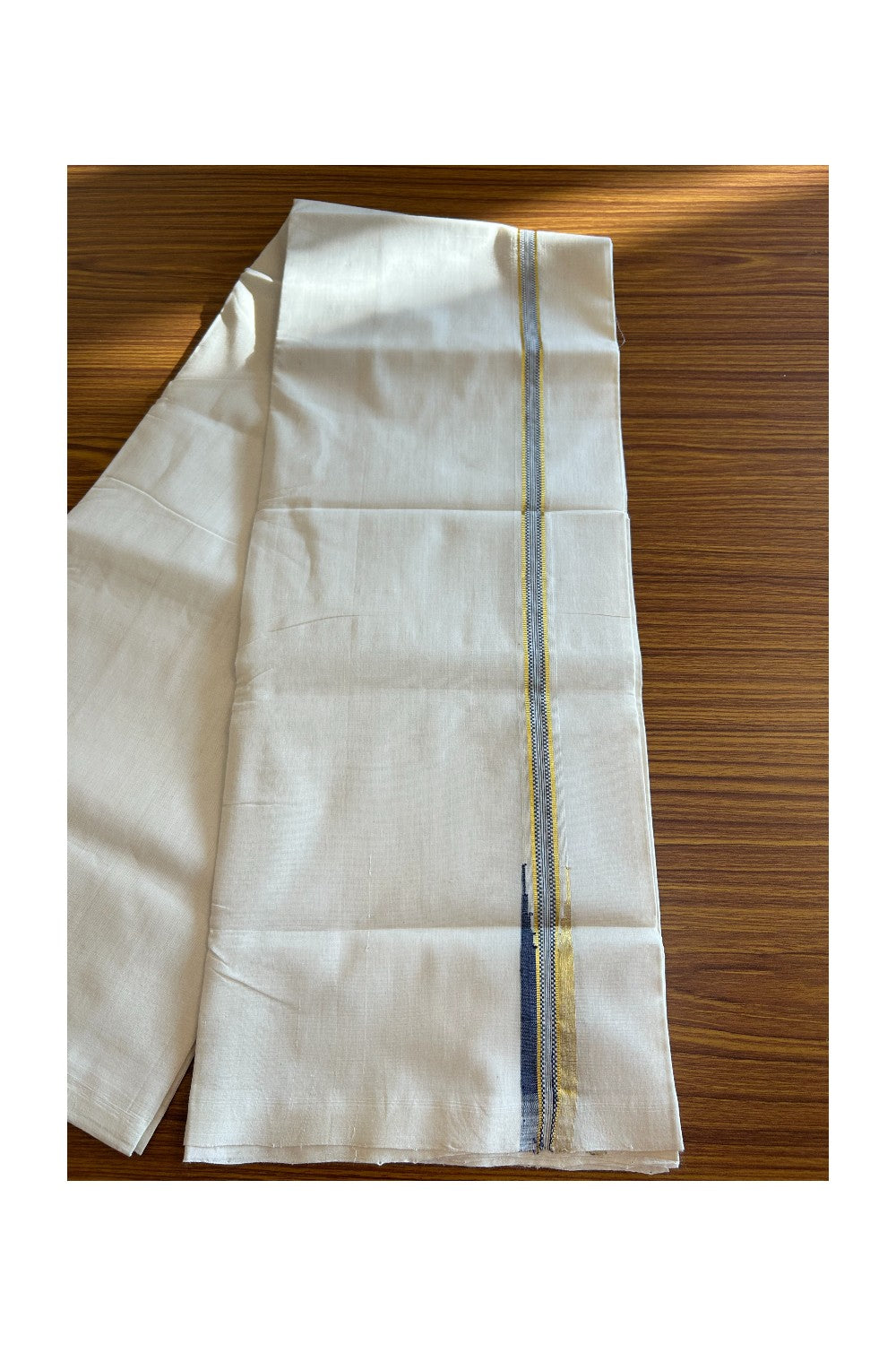 30% DISCOUNT!! KaithariKada HANDLOOM Unakkupaav Balaramapuram - 100% PURE Cotton OFF White Double - (Unbleached) Mundu/Dothi -1 inch puliyilakkara Navy Blue & Gold Kasavu Chutty Kara- 2KK5089YAR