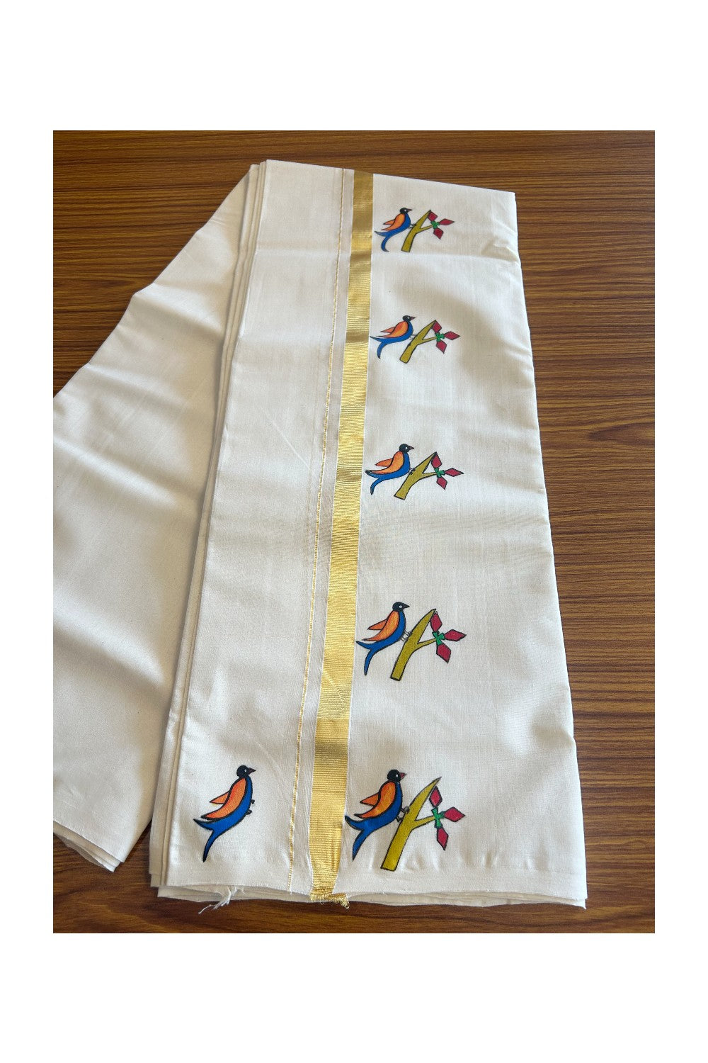 30% Discount!! KaithariKada HANDLOOM Millpaav Balaramapuram - 100% PURE Cotton OFF White - (Unbleached) Double Mundu/Dothi - 1.25 Inch Kasavu kara Hand Painted Bird Design - 2KK5091RAM