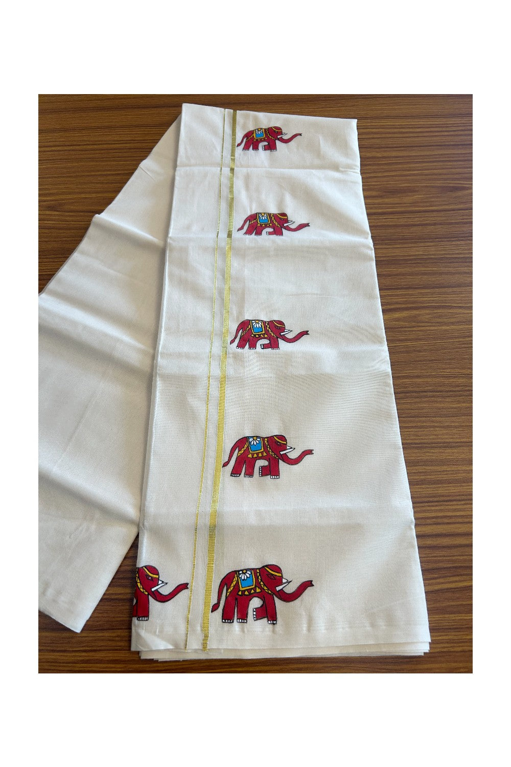 KaithariKada Balaramapuram 100% Cotton Double Off white - (Unbleached) Mundu/Dhoti - 100x80 0.75 inch Kasavu & Hand Painted Elephant Design Kara 3.72 meter (8 Muzham) - 2KK5092ASH