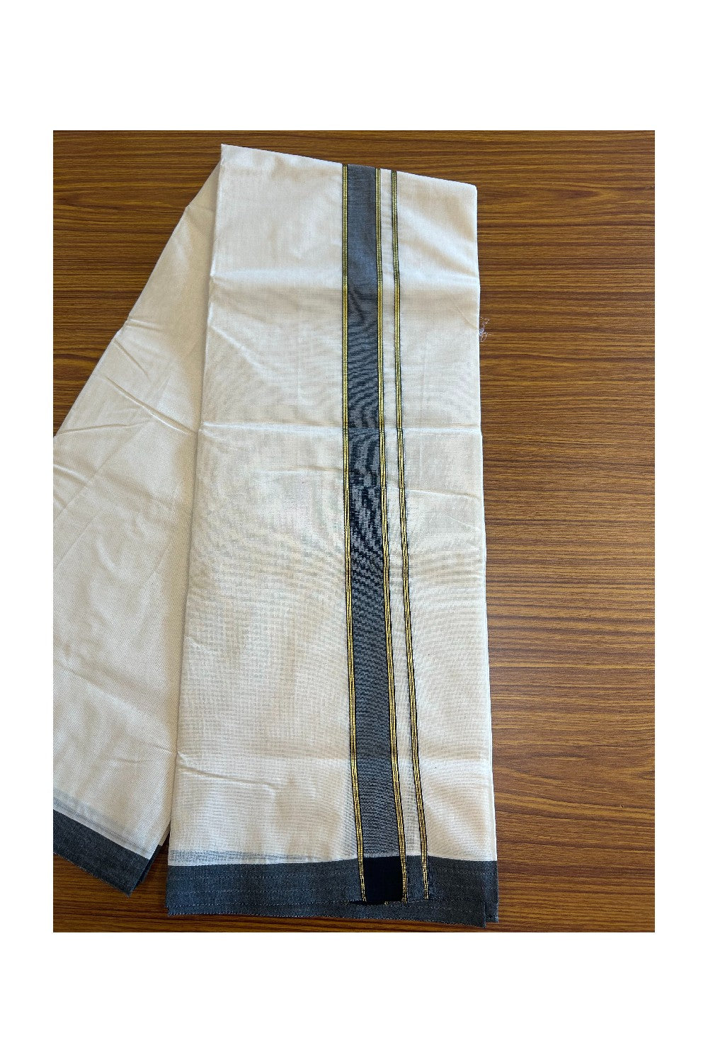 19% Discount KaithariKada Balaramapuram 100% Cotton Double Off white - (Unbleached) - Mundu/Dhoti- 100x80 - 2 inch Black & Gold Kasavu Striped Kara 3.64 mtr (8 Muzham)- 2KK5101ASH