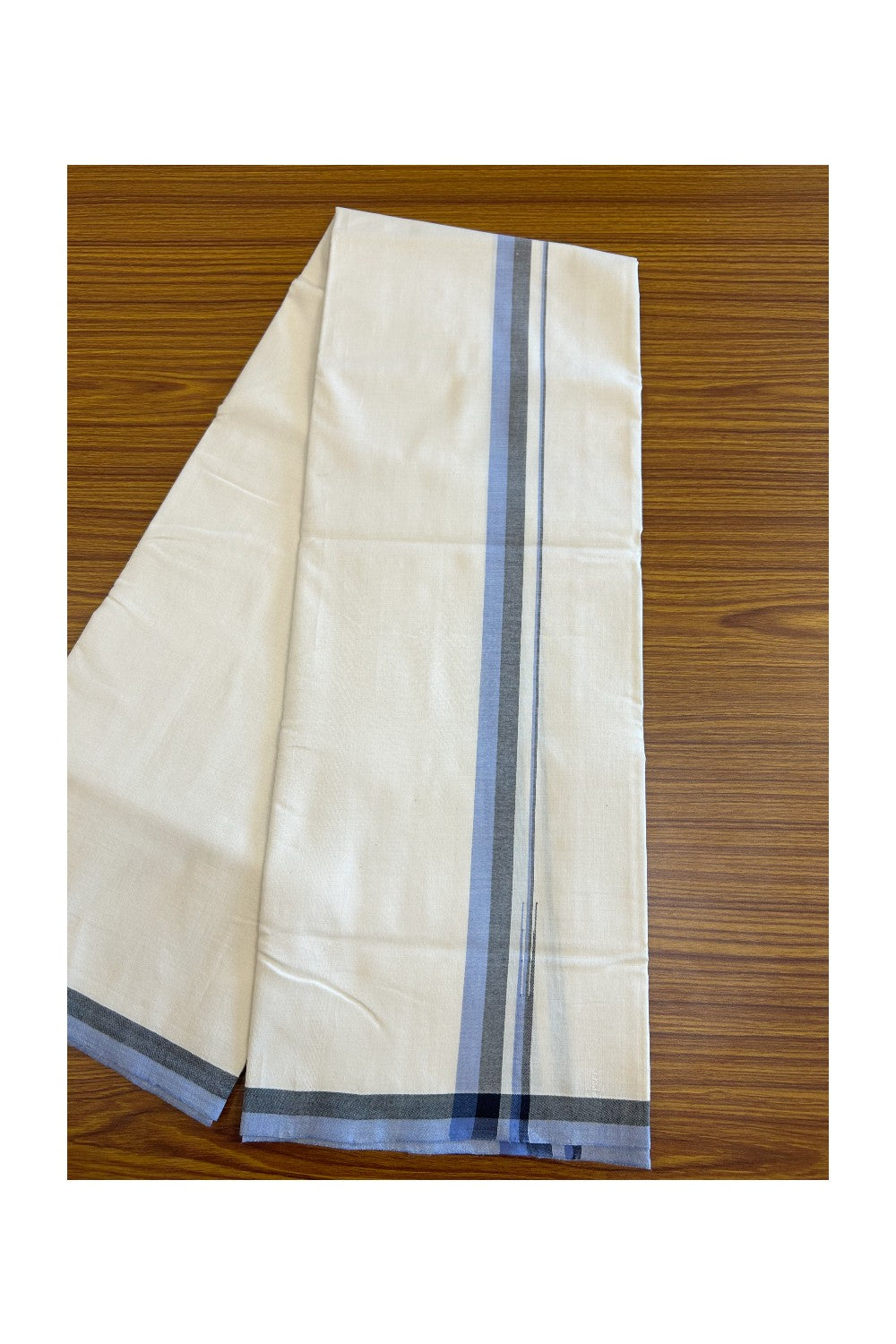 SIGNATURE KAITHARIKADA EXCLUSIVE SINGLE DHOTI - 100% Cotton Balaramapuram HANDLOOM Single Mundu/Dhoti - Off White - (Unbleached) 1 inch Black & Lavender Blue Chutty Kara (2 meters /4 muzham) - 2KK5103KAI