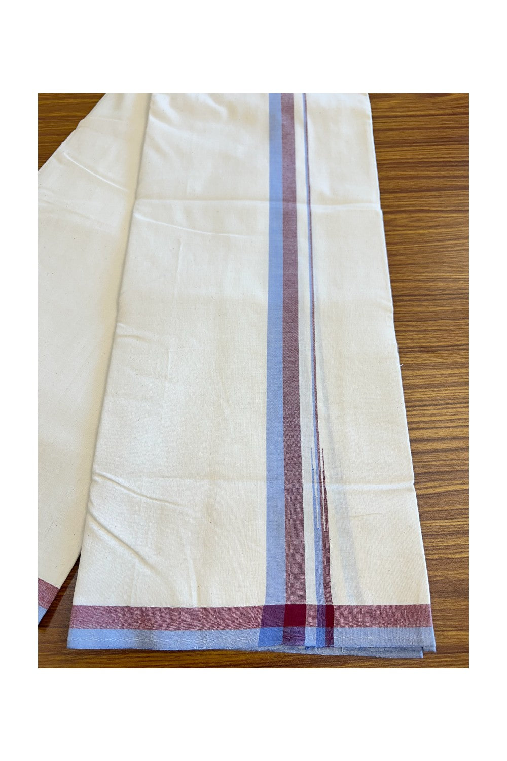 SIGNATURE KAITHARIKADA EXCLUSIVE SINGLE DHOTI - 25% Discount!! 100% Cotton Balaramapuram HANDLOOM Single Mundu/Dhoti - Off White - (Unbleached) 1 inch Lavender Blue & Maroon Puliyilakkara chutty (2 meters /4 muzham) - 2KK5124KAI