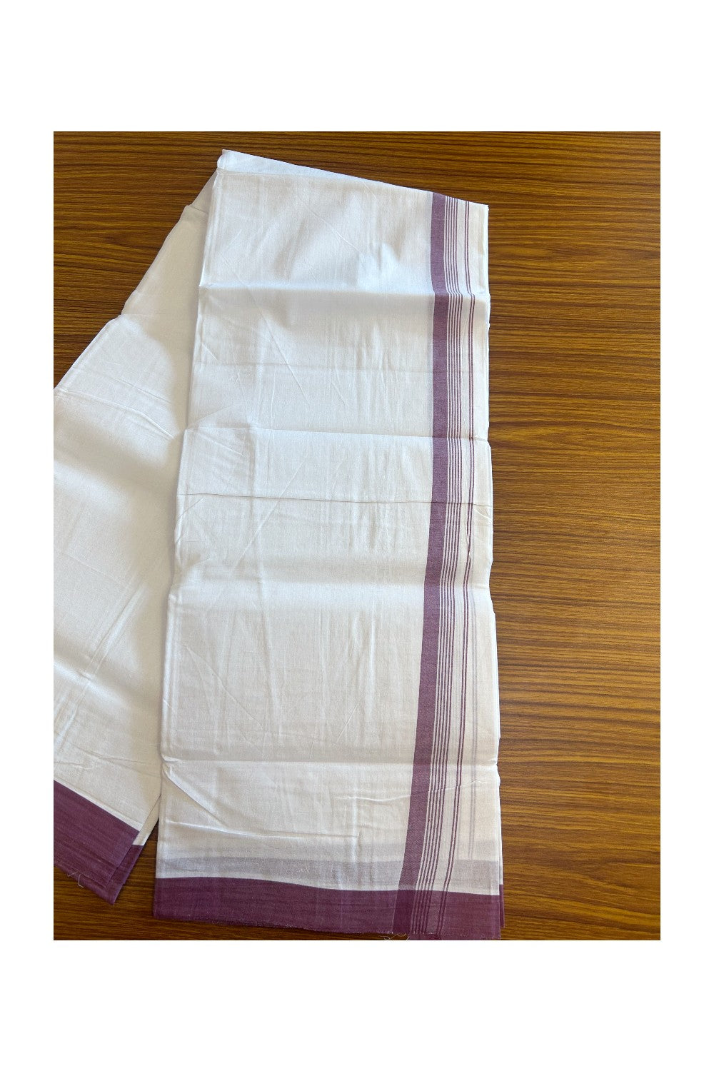 30% Discount!!! KaithariKada HANDLOOM UNAKKUPAAV Balaramapuram - 100% PURE Cotton PURE WHITE Double Mundu/Dhoti - 1 inch Dark Purple Striped Kara - 2KK5129YAR