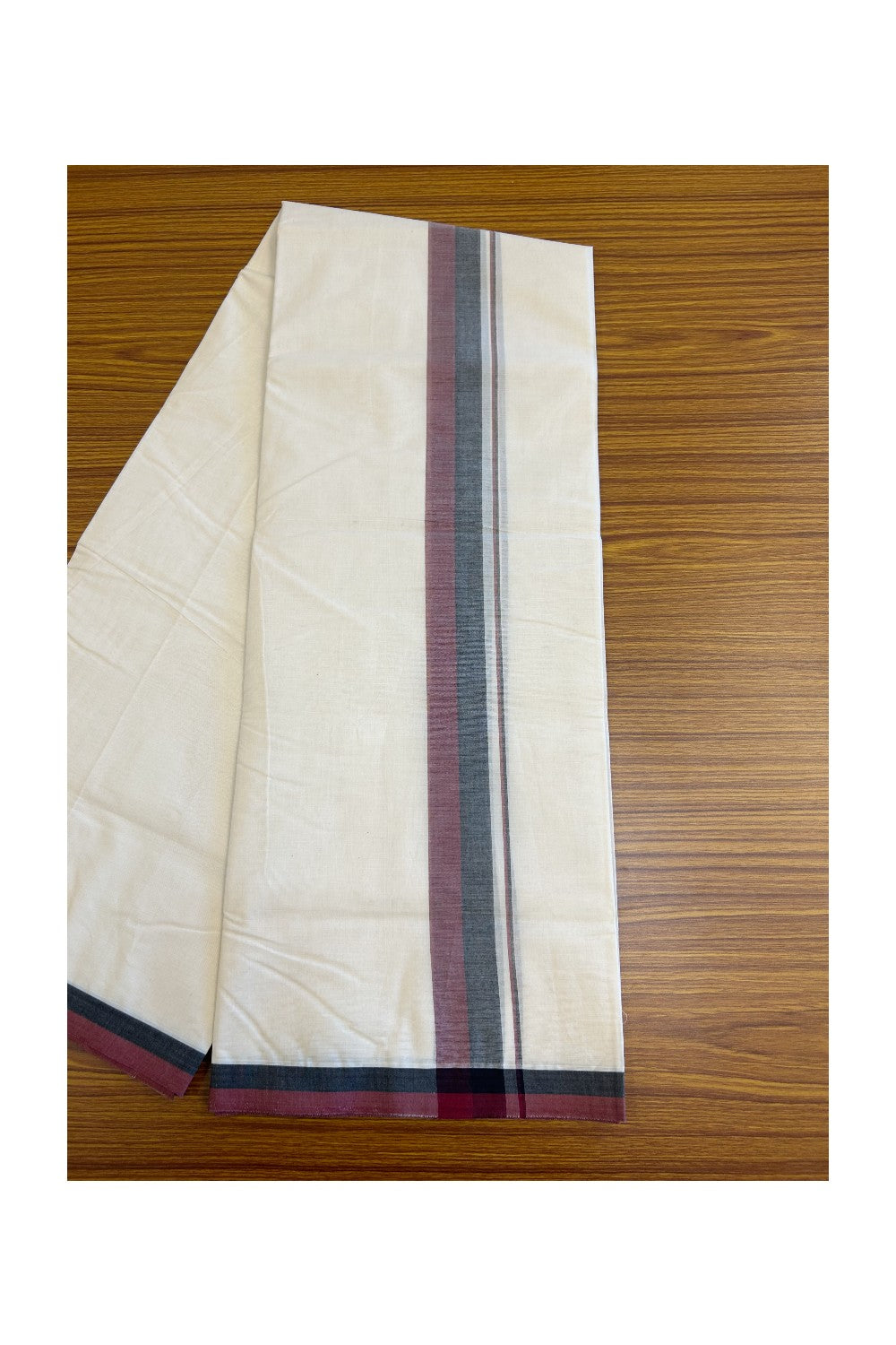 DMK Veshti - 13% DISCOUNT! KaithariKada 100% Cotton off white Double - (Unbleached) Mundu/Dhoti - 100X100 - 2.25 inch Black & Maroon shaded kara - 2KK5133ASH