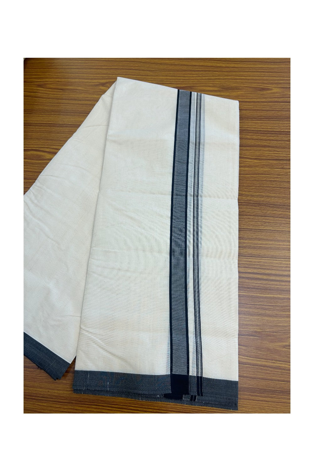 10% DISCOUNT ! KaithariKada Balaramapuram 100% Cotton Double Off white - (Unbleached) Mundu/Dhoti - 100X100 -1.25 inch Black Kara- 2KK5137ASH
