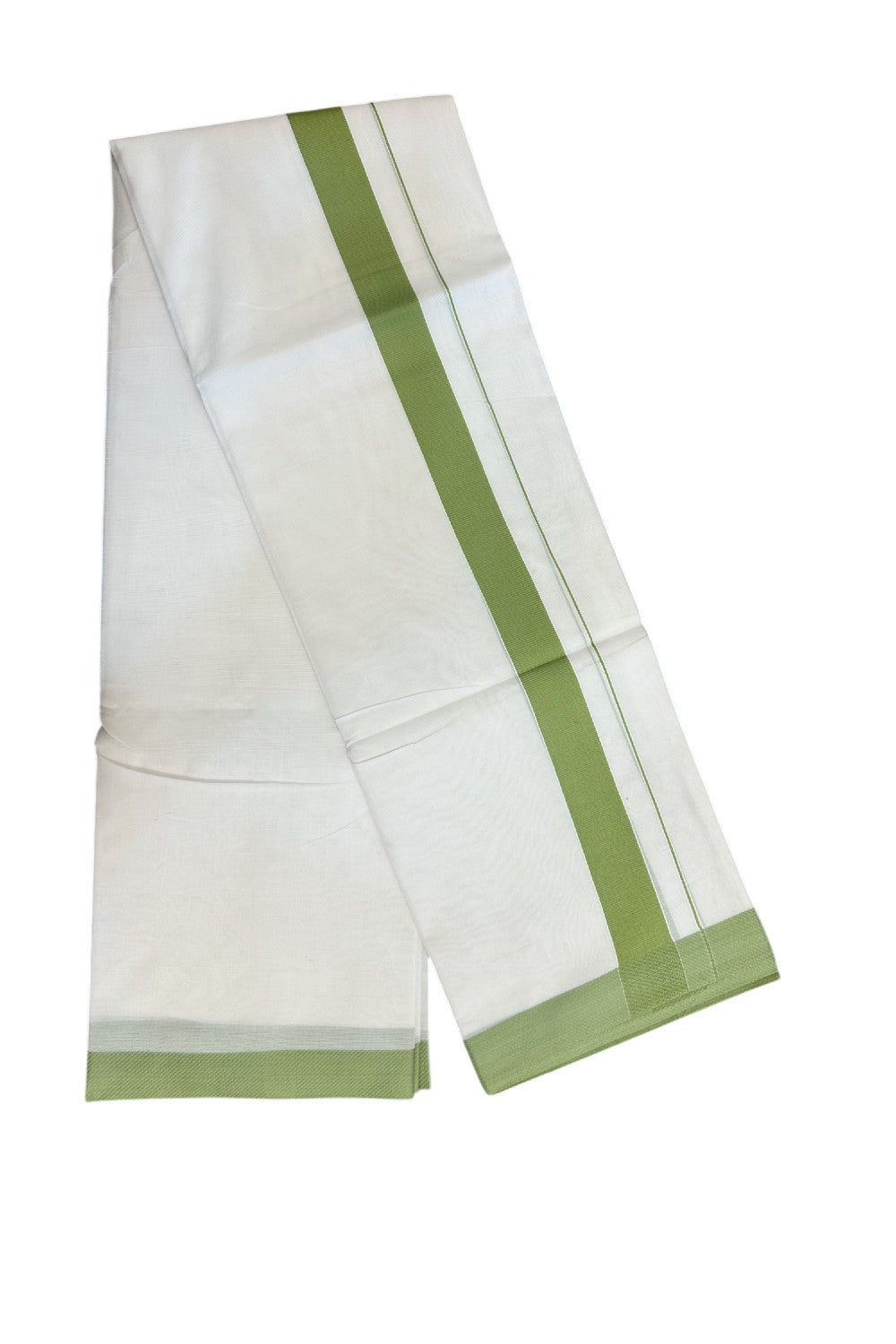 42% DISCOUNT! KaithariKada Balaramapuram 100% Cotton Double PURE white Mundu/Dhoti-100x80 -1.5 Inch Green SATIN FINSH Border Design Kara - 2KK5143PMC