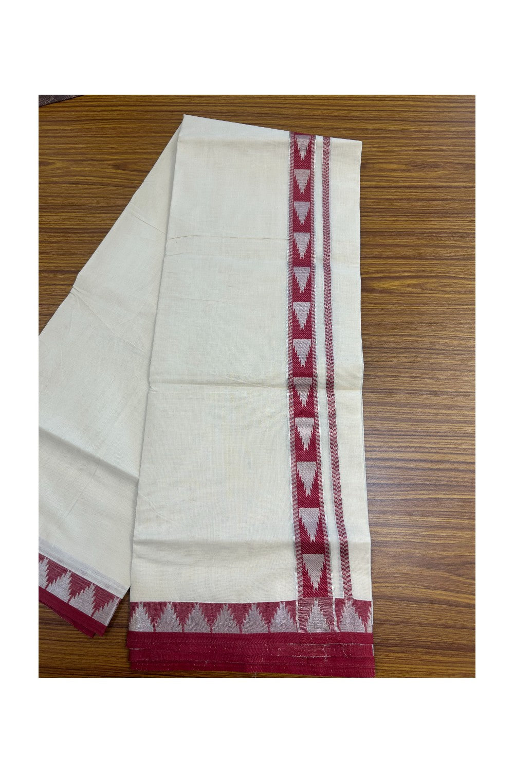 20% DISCOUNT ! KaithariKada Balaramapuram 100% Cotton Double off white (Unbleached) Mundu/Dhoti - 100X90 - 1.5 inch Silver kasavu & Magenta Red Temple design kara - 2KK5147PMC