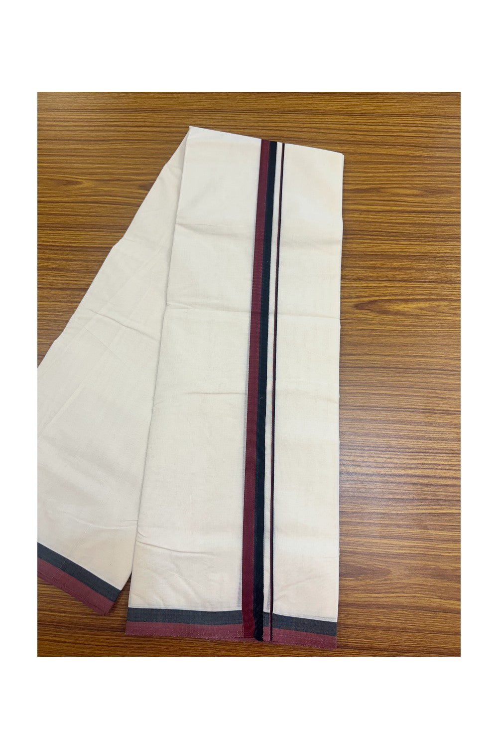 DMK Veshti - 37% DISCOUNT! KaithariKada 100% Cotton off white Double - (Unbleached) Mundu/Dhoti - 100X100 - 1 inch Black & Maroon kara - 2KK5158ASH