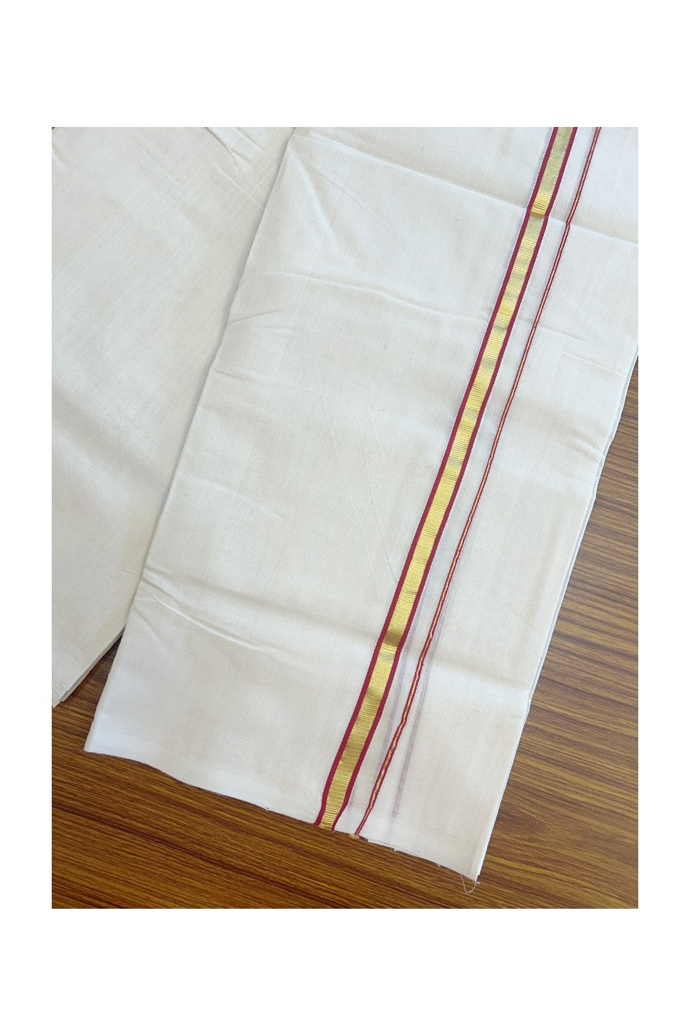 25% DISCOUNT! KaithariKada BALARAMAPURAM HANDLOOM UNAKKUPAAV - 100% PURE Cotton Off white (Unbleached) Double Mundu/Dhoti - 1.5 cm Gold Kasavu & Deep Red Kara (8 Muzham) - 2KK5161SOM