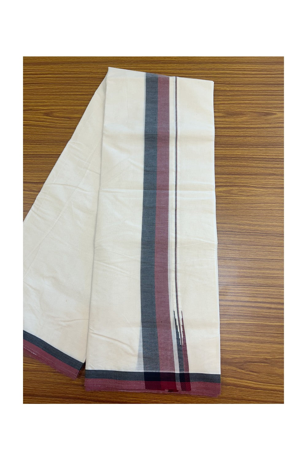Dmk Veshti - 20% Discount! KaithariKada 100% Cotton off white Double - (Unbleached) Mundu/Dhoti - 100X100 - 2 inch Puliyilakkara Black & Maroon Chutty kara - 20KK5163ASH