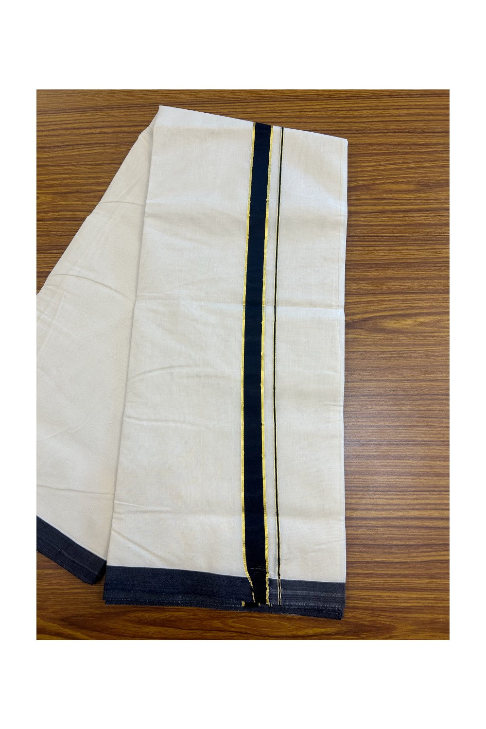 SHORT DHOTI SPECIAL! Kaitharikada.com 28% DISCOUNT! KaithariKada Balaramapuram 100% Cotton Off white (Unbleached) Double Mundu/Dhoti-100x100 - 1 inch Kara & 46 inches Height Navy Blue & Kasavu Kara- 2KK5166ASH