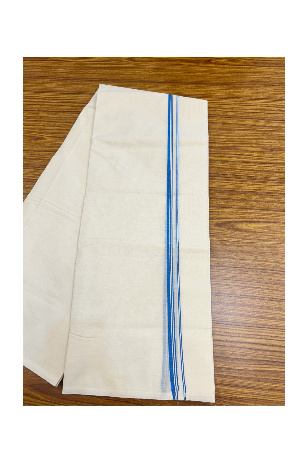 33% DISCOUNT ! KaithariKada Balaramapuram 100% Cotton Double Off white - (Unbleached) Mundu/Dhoti-100X100- 0.75 inch Blue Striped Kara.- 2KK5168ASH