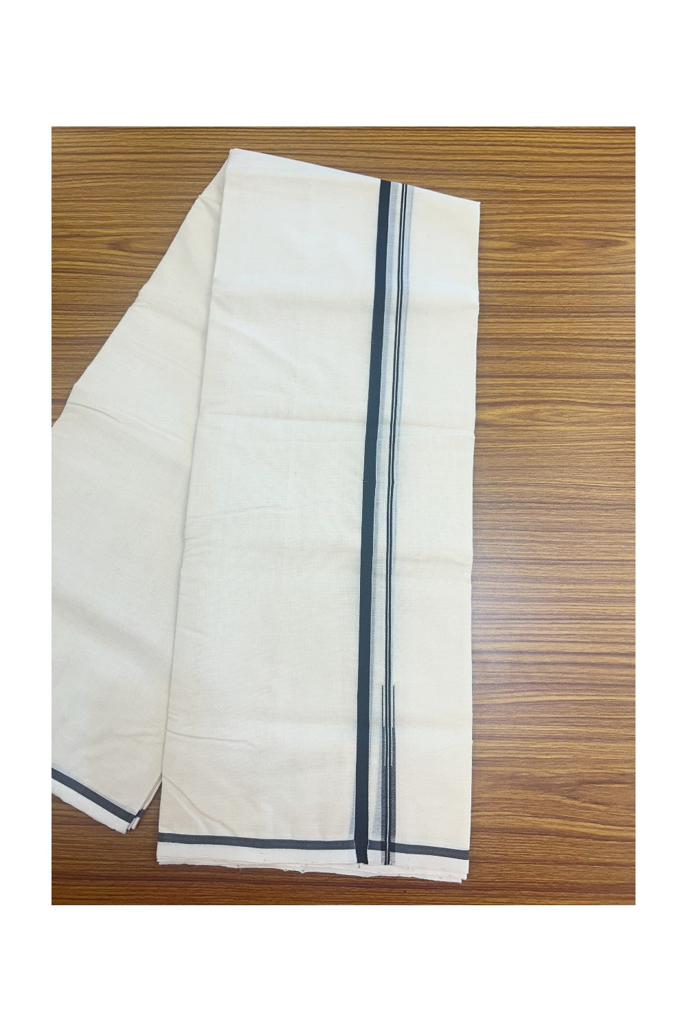25% Discount KaithariKada HANDLOOM Millpaav Balaramapuram - 100% PURE Cotton off white - (Unbleached) Double Mundu/Dhoti - Puliyilakkara 1 cm Black Chutty - 2KK5175RAM