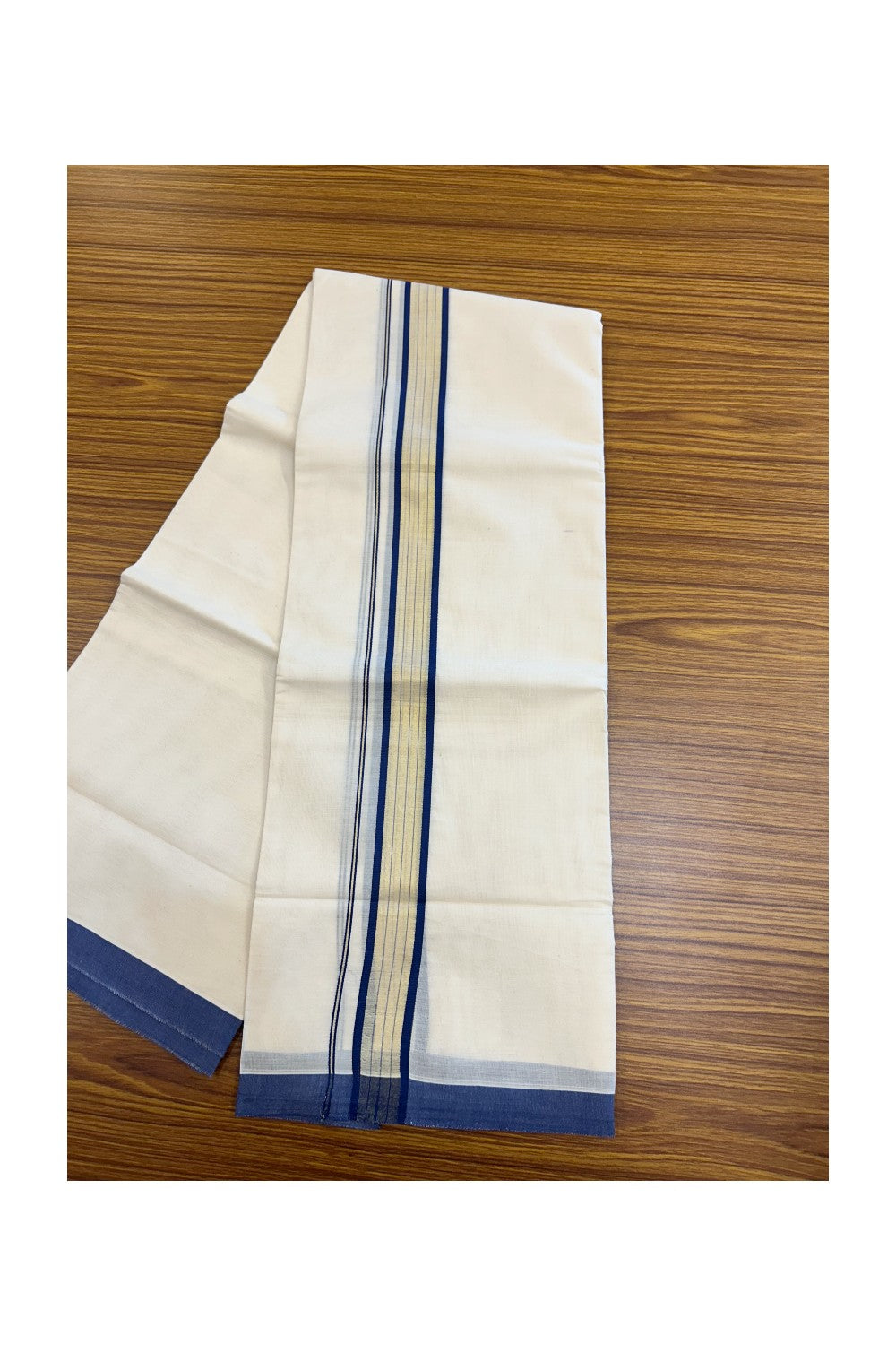20% DISCOUNT! KaithariKada Balaramapuram Double OFF WHITE Mundu/Dhoti - 80x90 - 1.5 Inch Tissue Blue striped Kara - 2KK5182VAS
