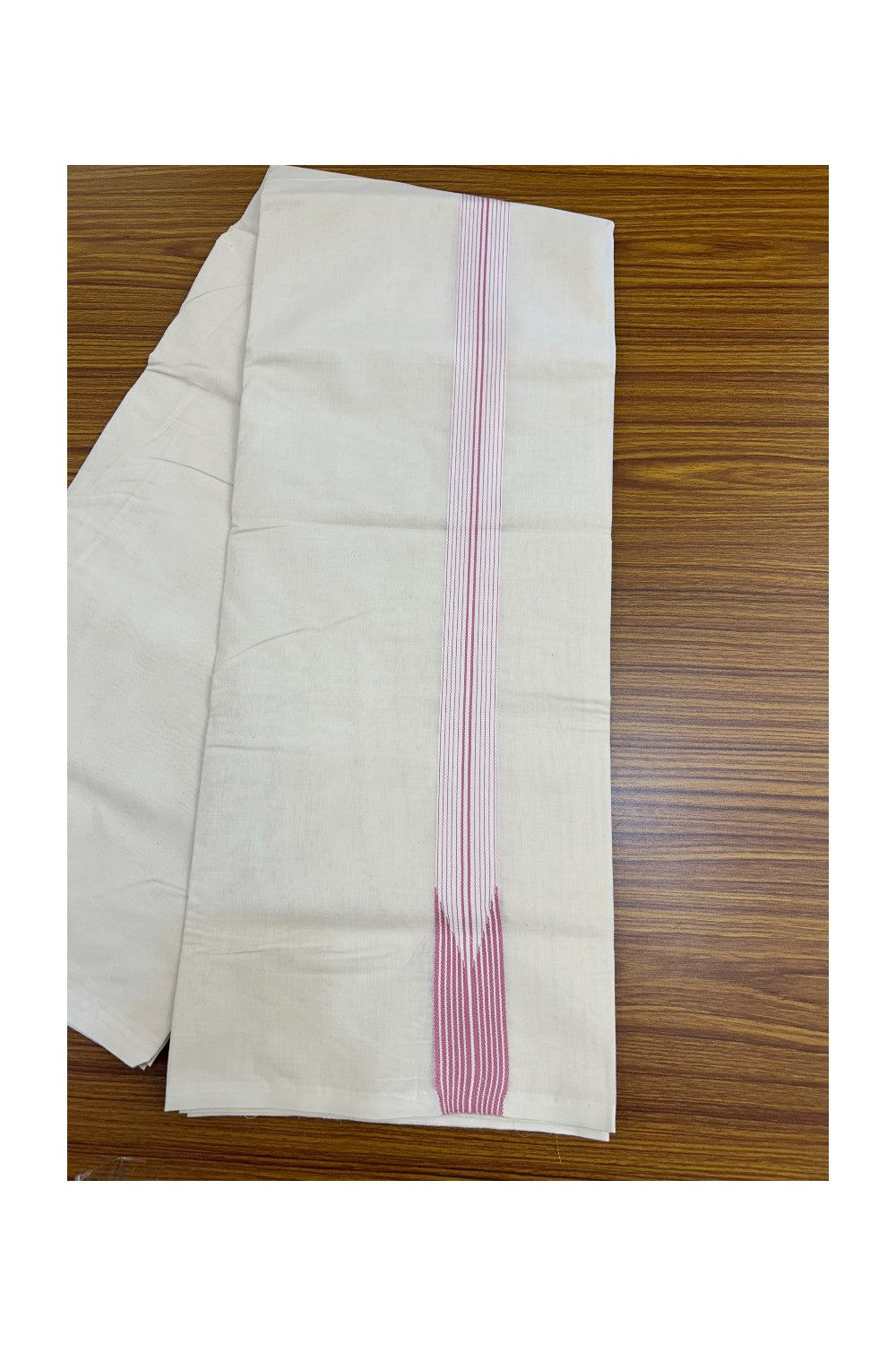 20%OFFER! KaithariKada Balaramapuram 100% Cotton Double OFF WHITE - (Unbleached) Mundu/Dhoti-100x100 - 1.5 inch 12 LINE Puliyilakkara Pink Chutty Kara- 2KK5185ASH