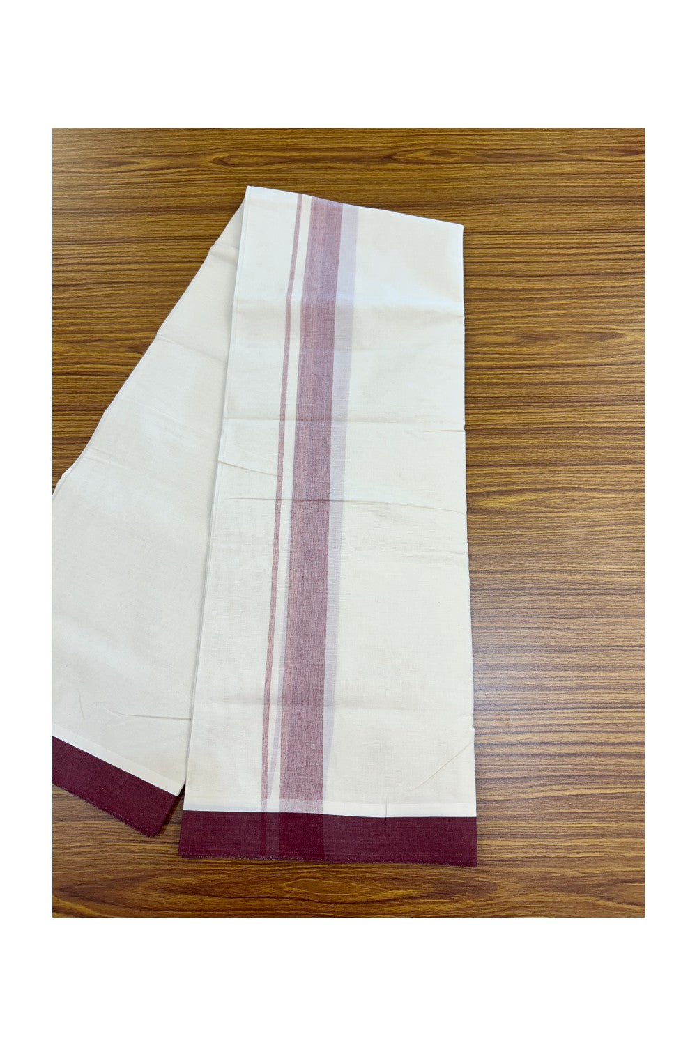 20% Discount ! Kaitharikada Balaramapuram 100% Cotton Double Off white (Unbleached) Mundu/Dhoti - 100x80 - 1.75 inch Dark Maroon shaded Kara - 2KK5186CKS