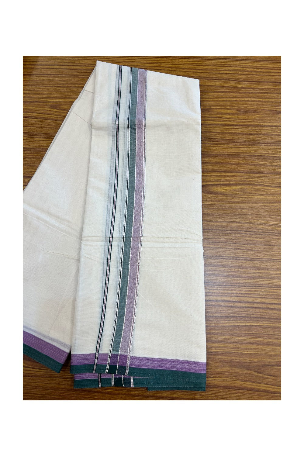 20% DISCOUNT! KaithariKada Cotton OFF White - 100x80 thread- NORTH INDIAN ATTACHED GAMCHA - 9X5 Dhoti - 1.5 inch Silver Kasavu Dark green & Shaded Purple Stripes Kara - 2KK5189PMC