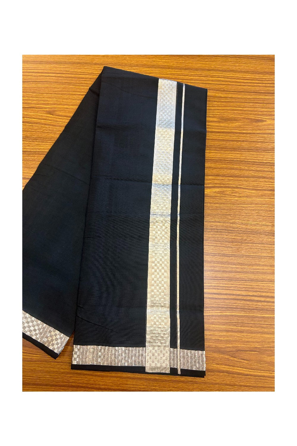 25% Discount! KaithariKada Handloom UNAKKUPAAV Balaramapuram - 100% Cotton Double Mundu/Dhoti - Black Colour Body - 1.75 inch Silver Kasavu jacquard Design Kara- 2KK5190ABH