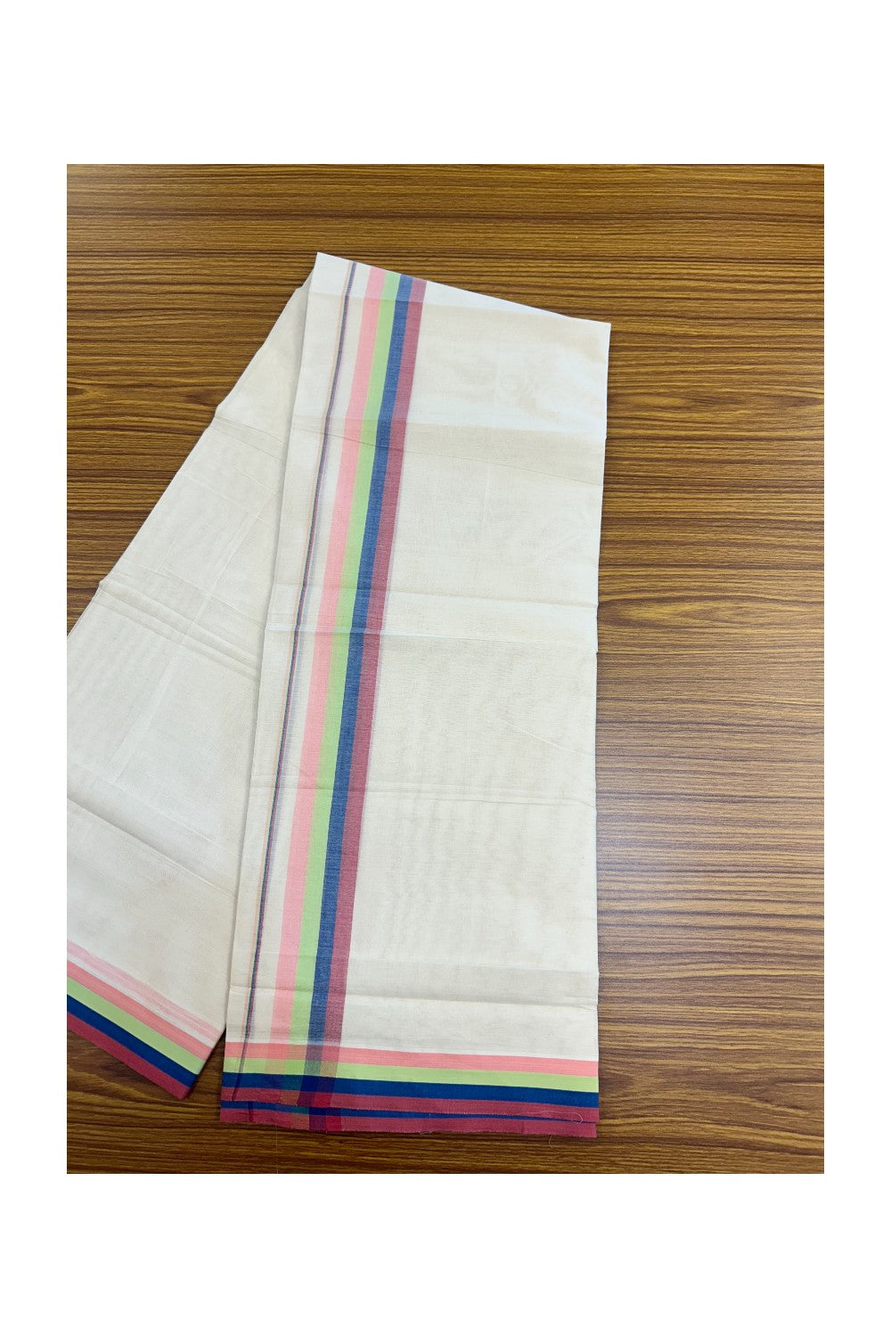 20% DISCOUNT ! KaithariKada Balaramapuram 100% Cotton off white (Unbleached) Double Mundu/Dhoti - 100X80 - 1.75 inch Multi Colour kara - 2KK5193PMC