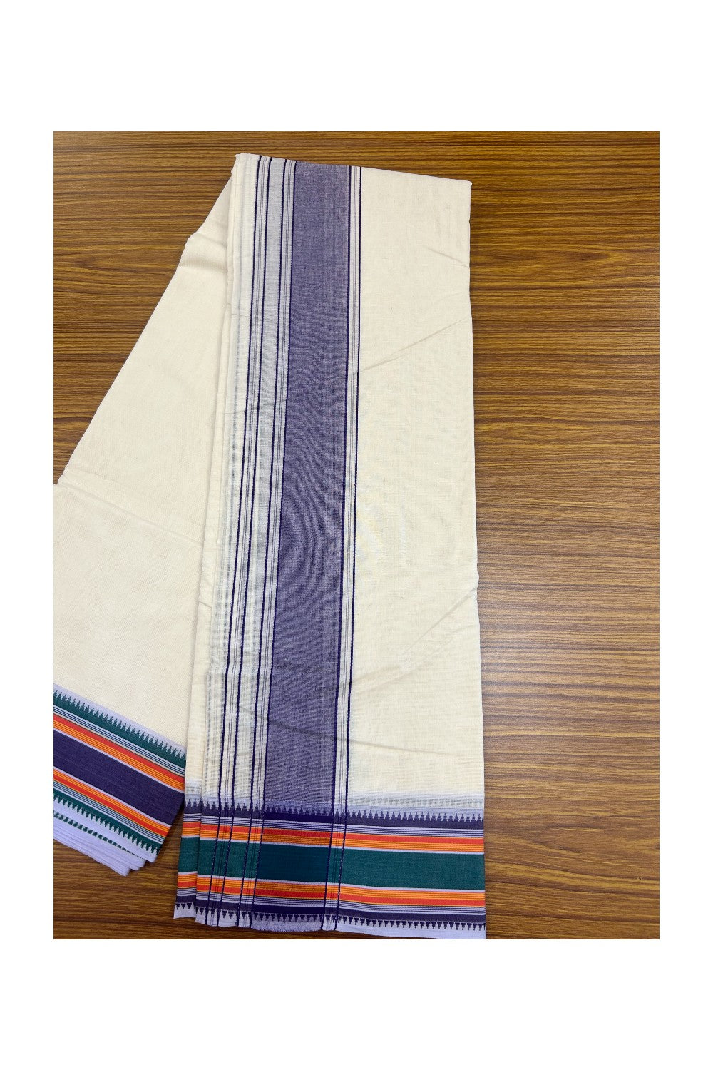 20% DISCOUNT! KaithariKada 100% Cotton Off White - (Unbleached) - Pure Cotton -100x100 thread - NORTH INDIAN - ATTACHED GAMCHA 9X5 Dhoti Violet kara with Violet Green & Orange Striped border - 2KK5196PMC