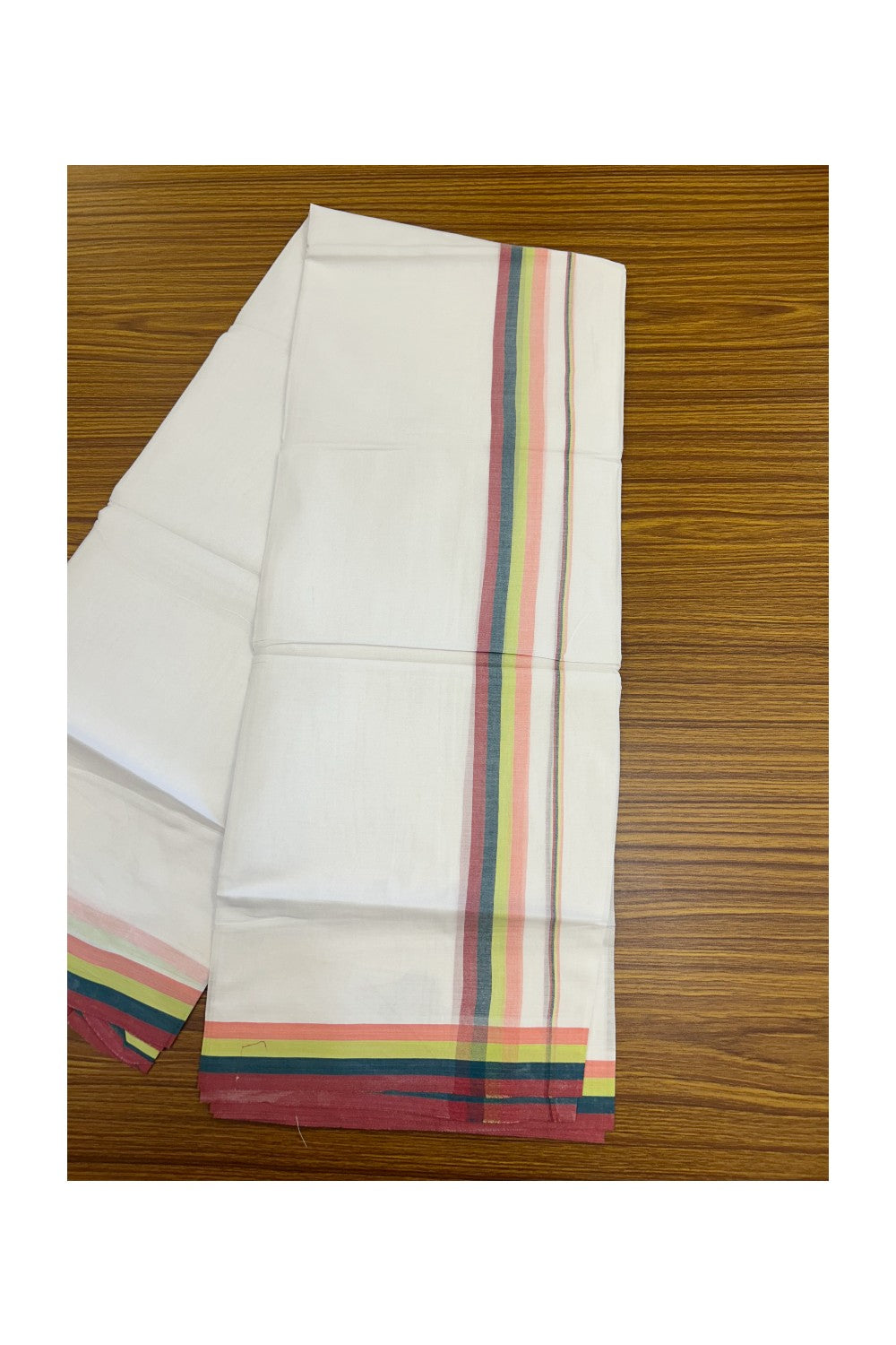 21% DISCOUNT ! KaithariKada Balaramapuram 100% Cotton Pure white Double Mundu/Dhoti - 100X90 - 1.25 inch Multi Colour kara - 2KK5202PMC