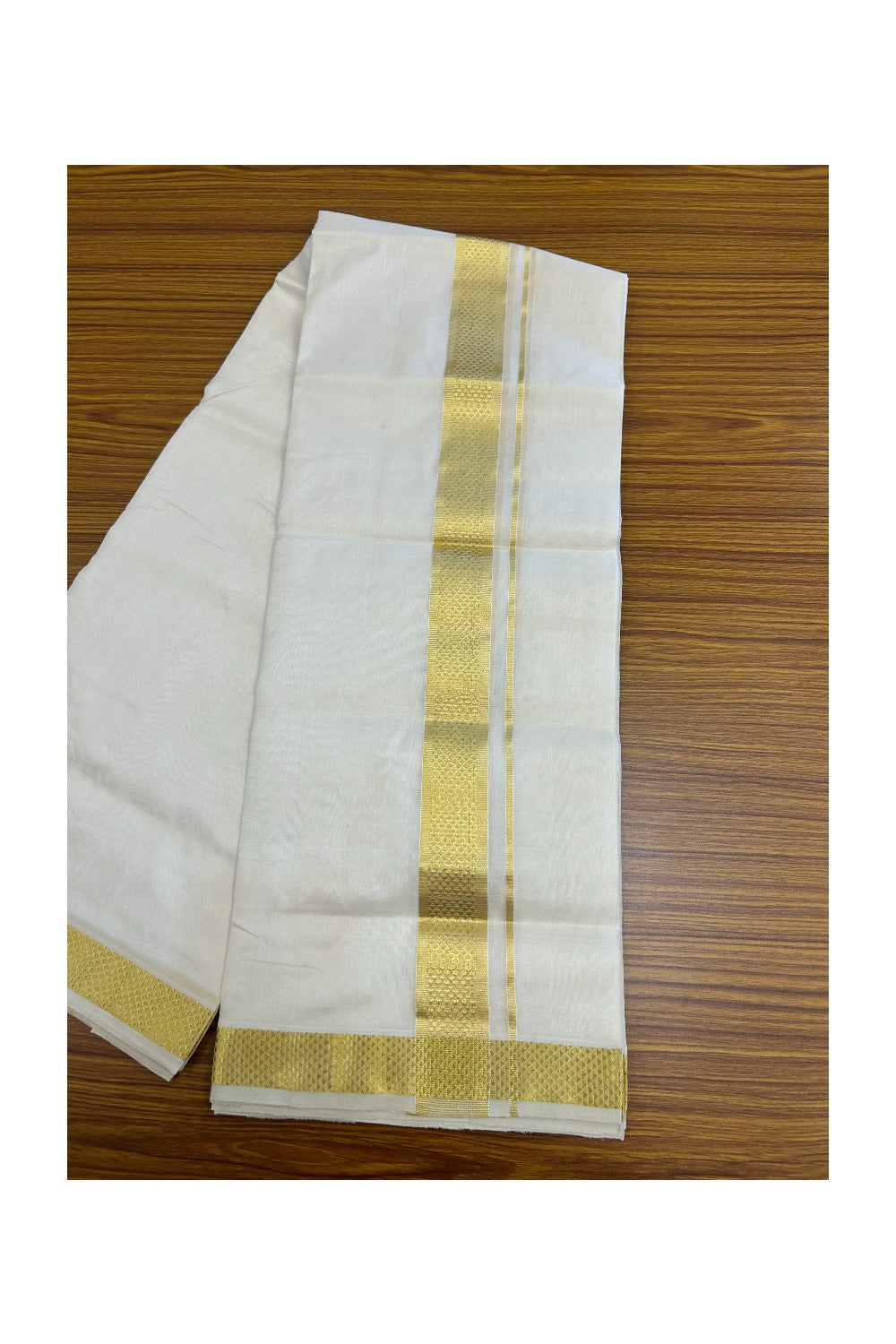 HANDLOOM Pure SILK Dhoti NEW! 25% DISCOUNT from Kaitharikada.com - BALARAMAPURAM Handloom Unakkupaav - Pure White - Double Mundu/Dhoti - 100x100 - Pure cotton + Silk - 1.75 inch Gold Kasavu Designer Kara - 2KK5206 ABH