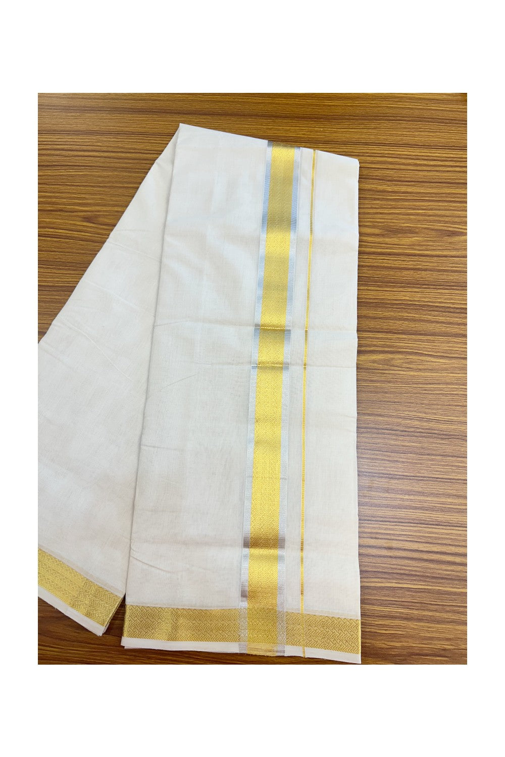 25% DISCOUNT ! KaithariKada HANDLOOM UNAKKUPAAV Balaramapuram - 100% PURE Cotton Off White - (Unbleached) Double Mundu/Dhoti - 2 inch Gold Kasavu & Silver Kasavu Jacquard Design Kara - 2KK5208ABH