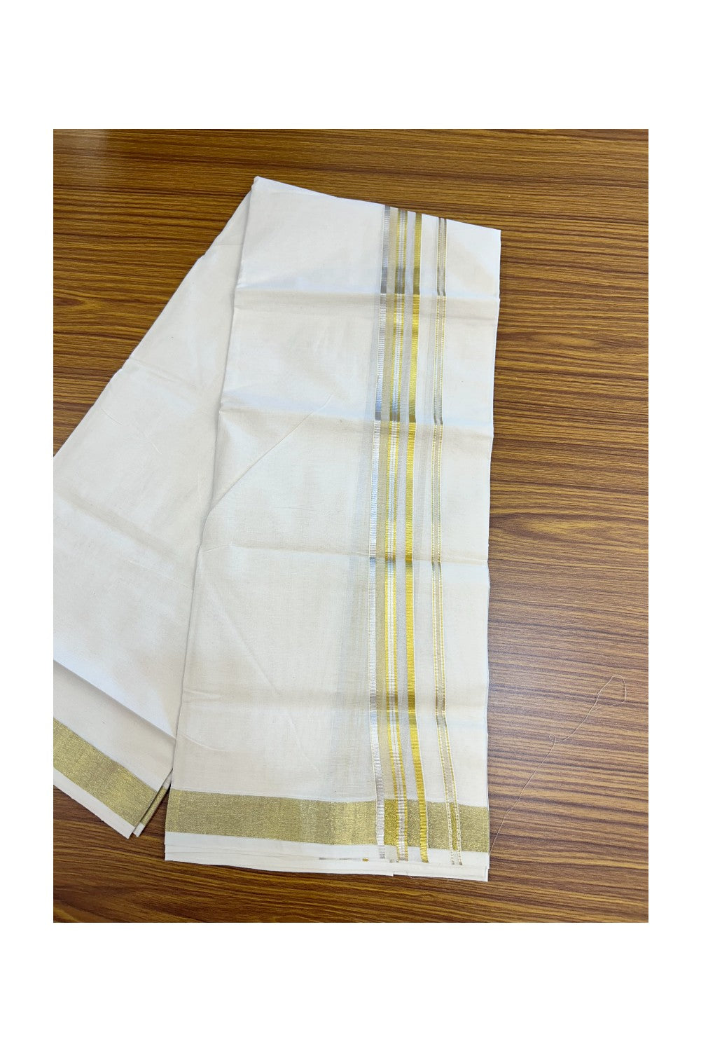 20% DISCOUNT ! KaithariKada Balaramapuram - 100% PURE Cotton Off White - (Unbleached) Double Mundu/Dhoti - 100X80 - 1.5 inch Gold Kasavu & Silver Kasavu Striped Kara - 2KK5212 VIN