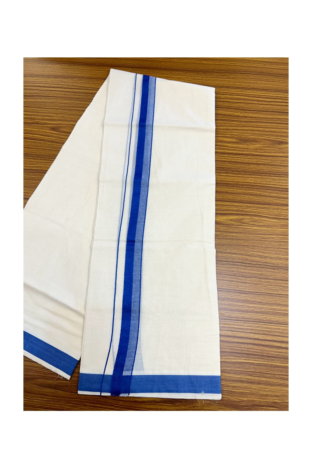 24% Discount ! KaithariKada Balaramapuram 100% Cotton Double OFF WHITE- (Unbleached) - Mundu / Dhoti- 100x80 - 1.5 inch Blue Kara - 2KK5214 MC