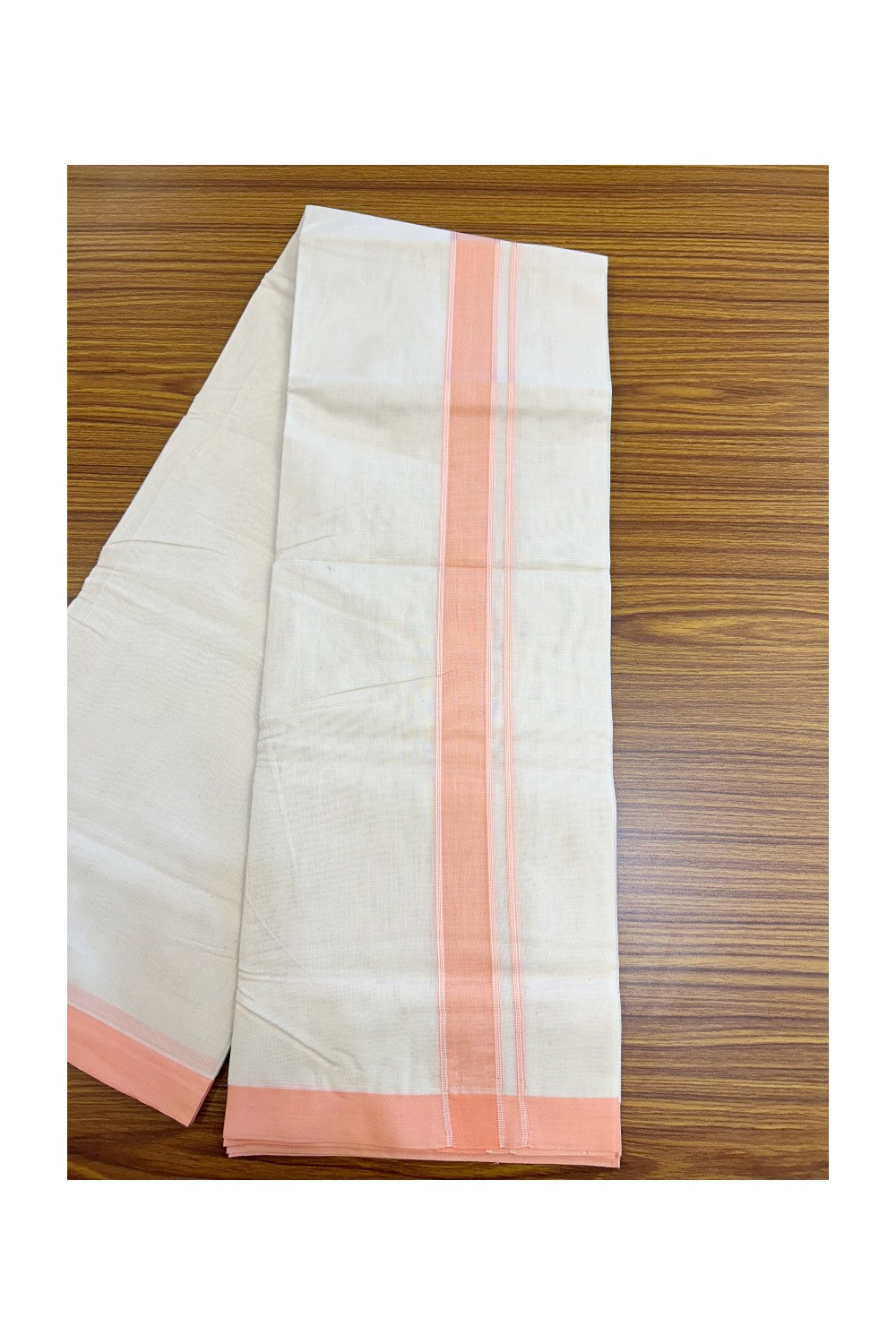 NEW !! 20% DISCOUNT!! KaithariKada Balaramapuram 100% Cotton Double Off white - (Unbleached) Mundu/Dhoti-100x80 - 1.5 inch Peach Shaded Striped KARA - 3.75 mtr (8 Muzham) - 2KK5218 ASH