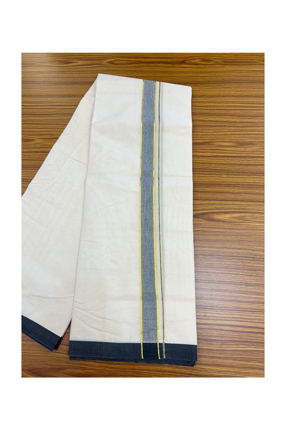 20% Discount KaithariKada Balaramapuram 100% Cotton Double Off white - (Unbleached) - Mundu/Dhoti - 100x100 - 1.25 inch Gold Kasav & Black Shaded Kara - 2KK5226 ASH