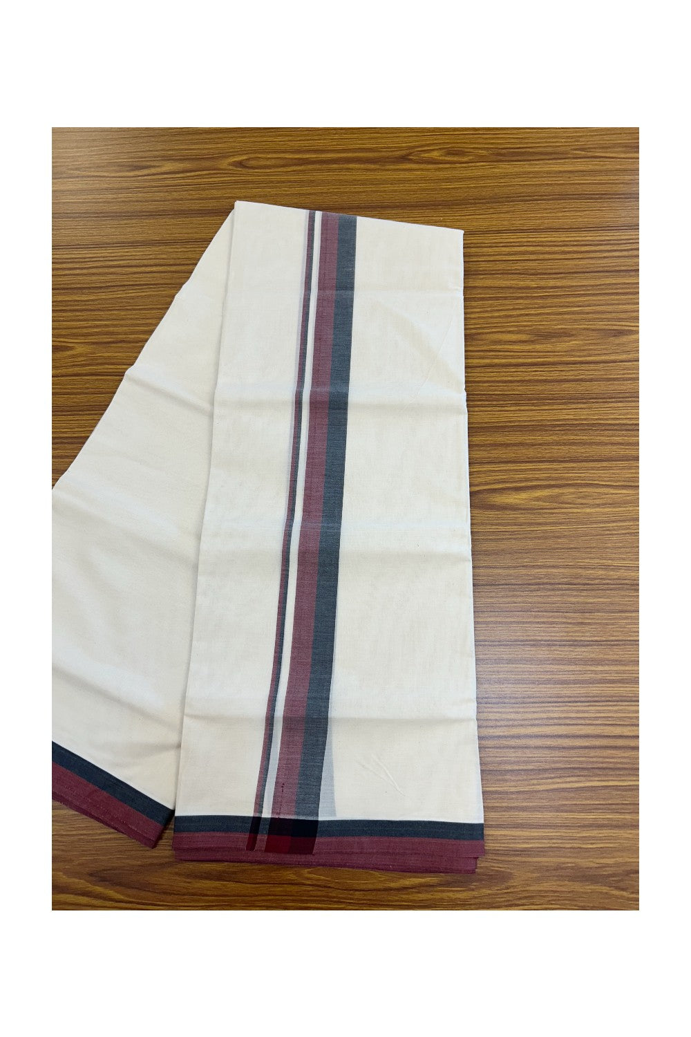 Dmk Veshti - 20% Discount! KaithariKada 100% Cotton off white Double - (Unbleached) Mundu/Dhoti - 100X100 - 1.75 inch Black & Maroon shaded kara - 4 mtr (8.5 muzham)- 4 KK5228 ASH