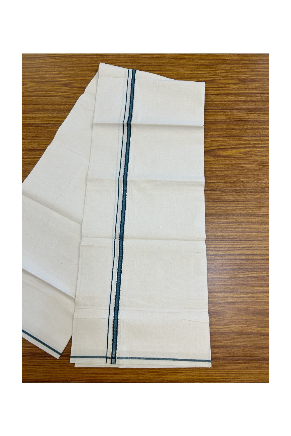 24% Discount !! KaithariKada Balaramapuram 100% Cotton OFF WHITE (Unbleached) Single Mundu/Dhoti - Twisted 60s Thread - 1 cm Silver Kasavu & Green Blue Kara (2 meter / 4 muzham) - 1KK5236 GL