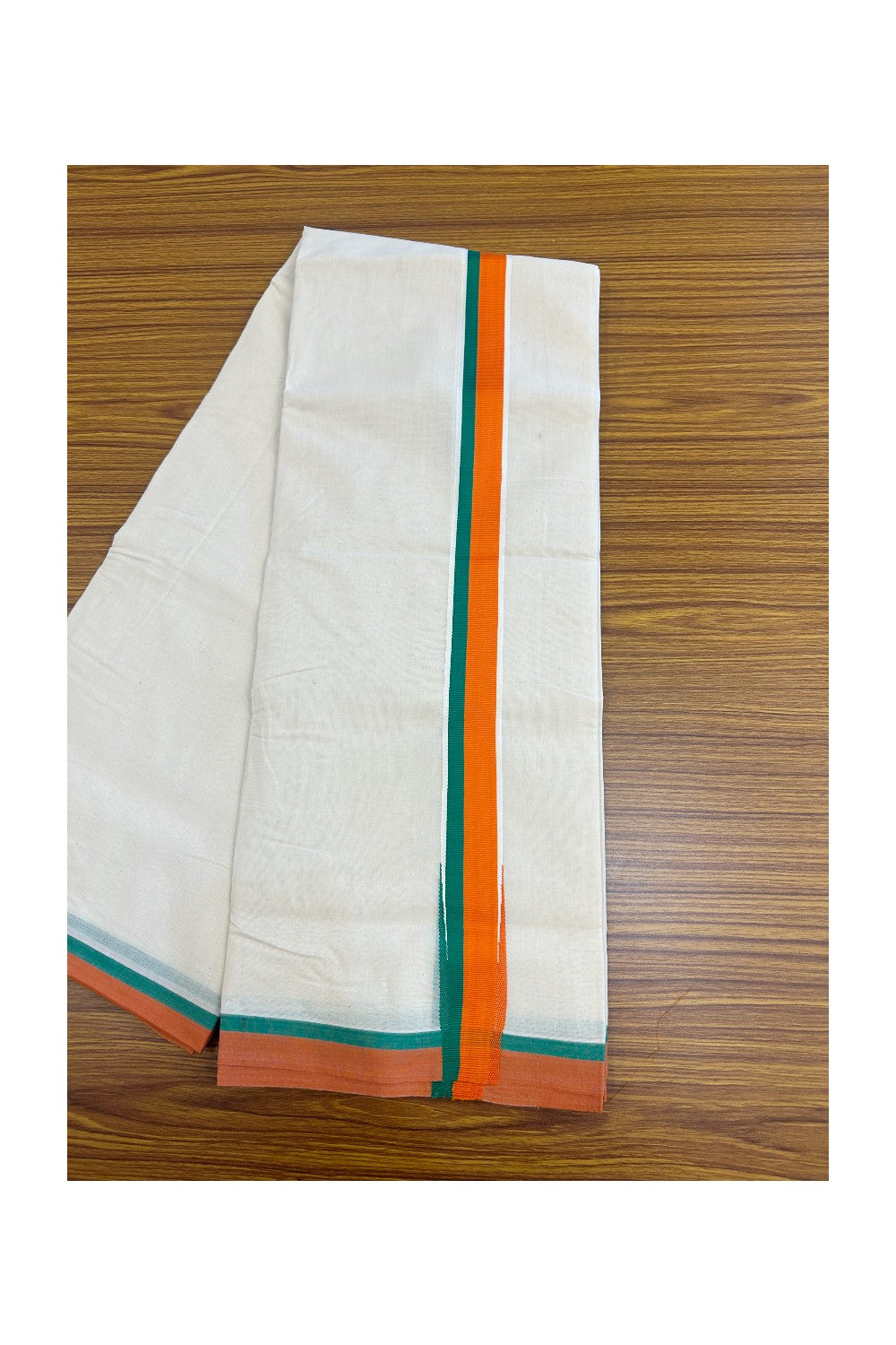 BJP VESHTI - 20% DISCOUNT! KaithariKada 100% Cotton off white Double - (Unbleached) Mundu/Dhoti - 100X80 - 1.5 inch Puliyilakkara Orange & Green Chutty Kara - 4mtr (8.5 muzham)- 2KK5238 ASH
