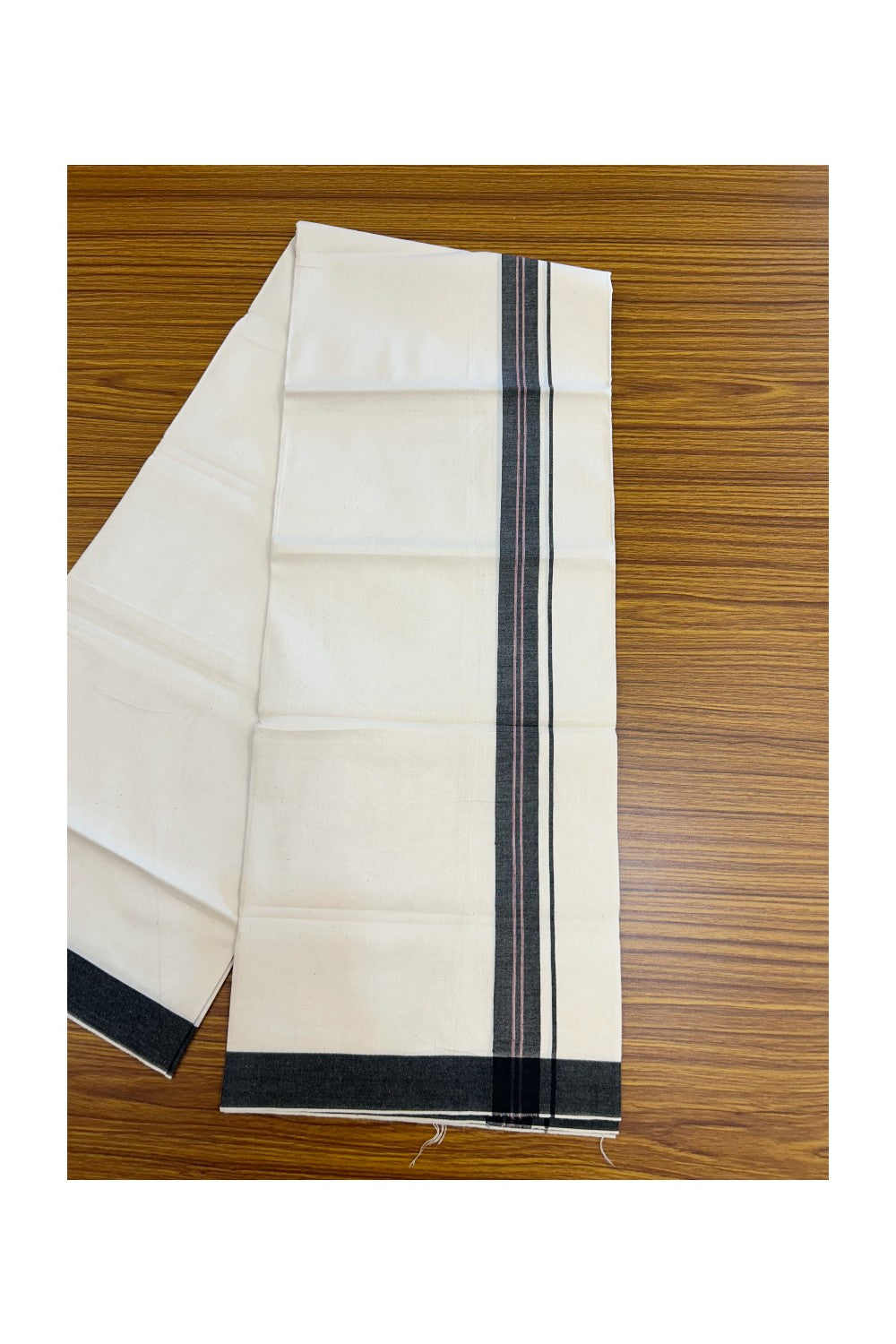 24% Discount !! KaithariKada Balaramapuram 100% Cotton OFF WHITE (Unbleached) Single Mundu/Dhoti - Twisted 60s Thread - 1 inch Black shaded pink striped Kara (2 meter / 4 muzham) - 32KK5241 GL