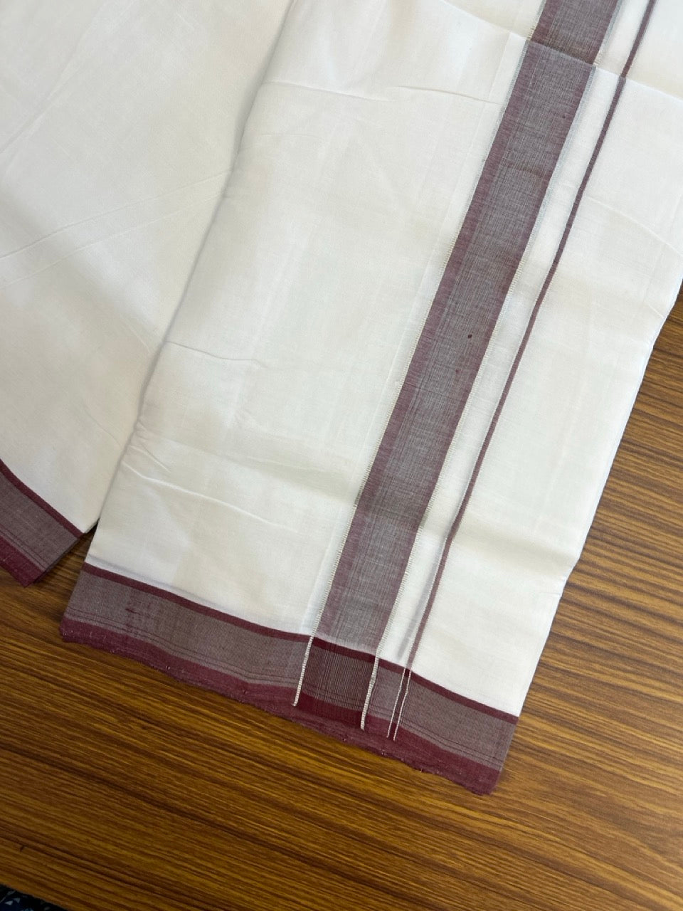 25% Discount!! NEW ULTRA PURE WHITE HANDLOOM Balaramapuram - 100% MERCERISED Cotton Double Mundu/Dhoti - 120 twisted warp x 80s weft - Wine Maroon & Silver Kasav Kara- 2KK5248 REA