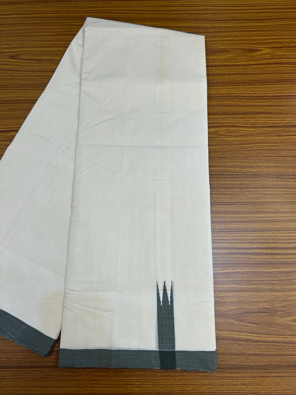 25% DISCOUNT!! KaithariKada HANDLOOM UNAKKUPAAV Balaramapuram - 100% PURE Cotton OFF White - (Unbleached) Double Mundu/Dothi - 100 x 80 - 1.5 inch Ash Black Chutty 4 meter - 2 KK5249 REA