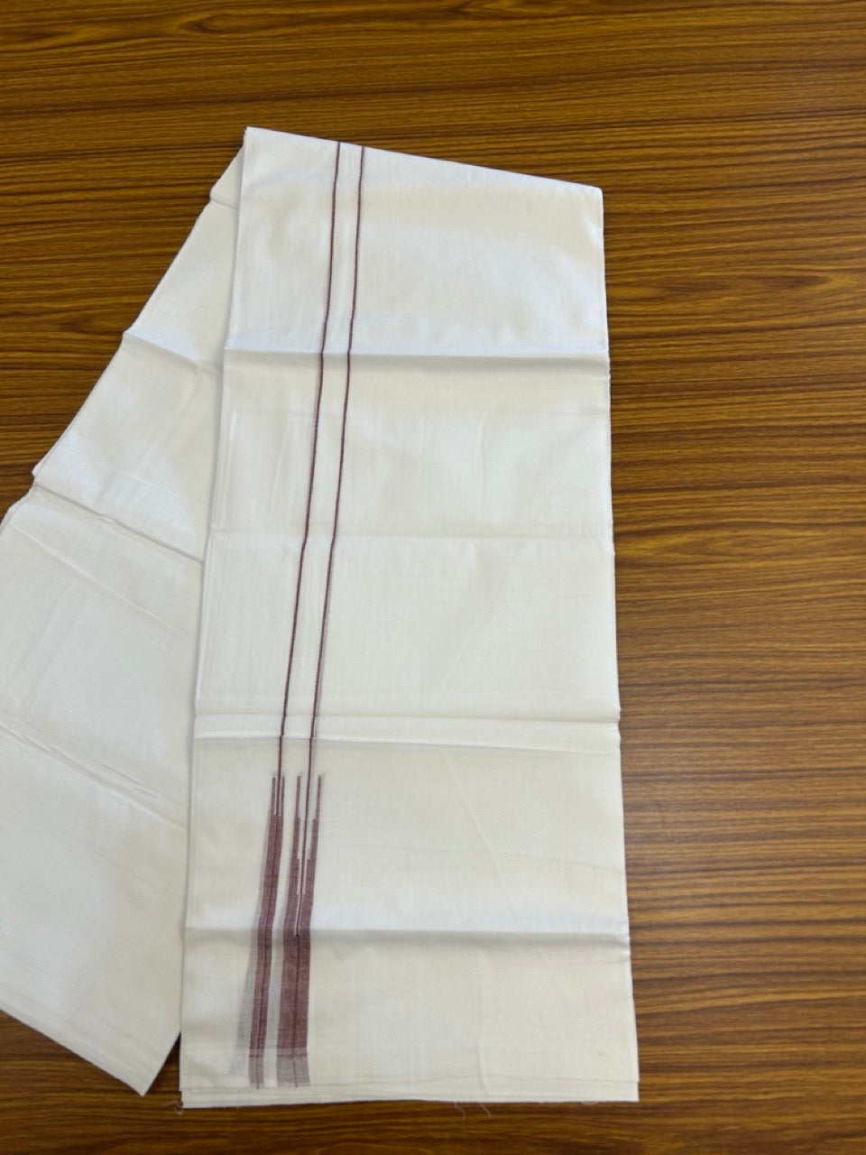 20% DISCOUNT!! NEW!! KaithariKada Balaramapuram 100% Cotton PURE WHITE Double Mundu/Dhoti - (100x80)s - 0.75 inch Wine Line chutty - 2 KK5249 VIN