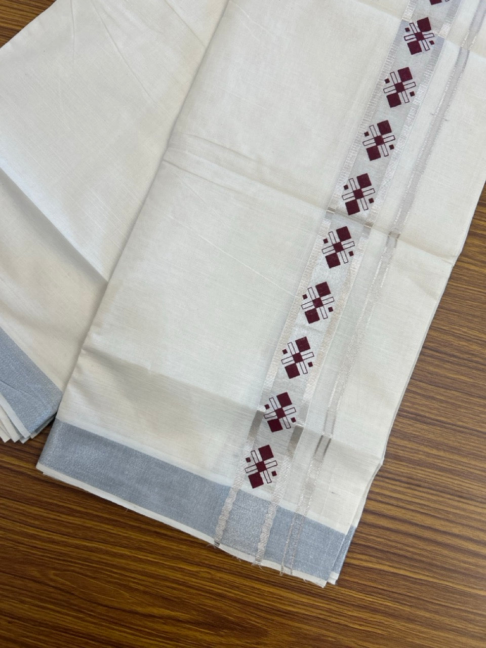 KaithariKada 100% Cotton Double 4 meter Off white - (Ubleached) Mundu / Dhoti - 100x80 1.5 inch Silver Kasavu & Printed Tribal - 2 KK5262 MUT