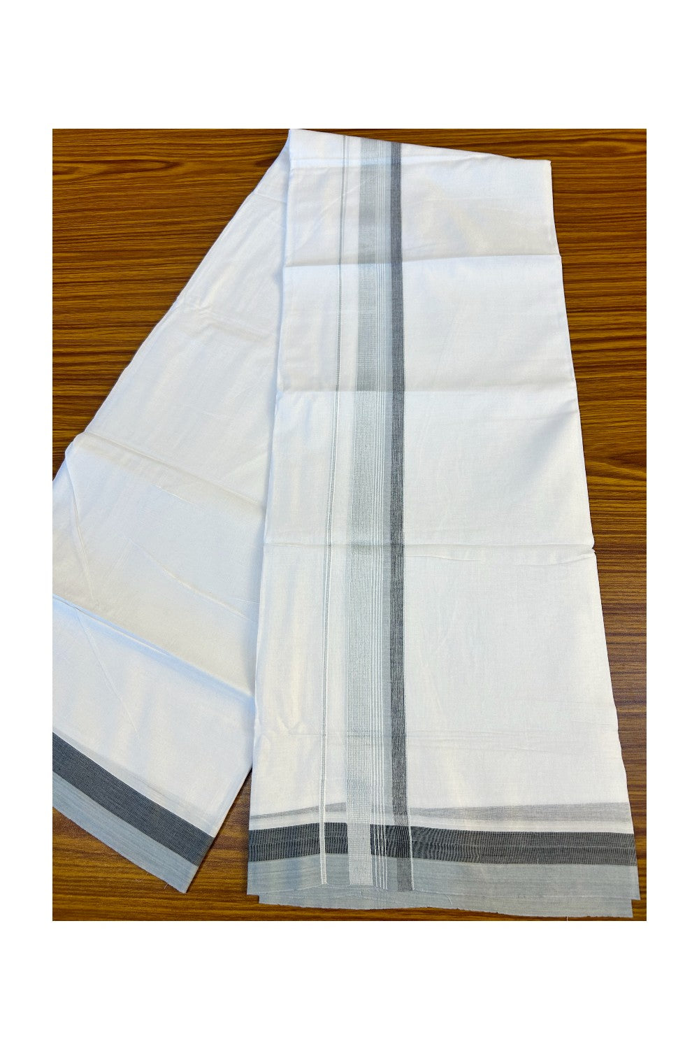 21% DISCOUNT!! Kaitharikada Balaramapuram 100% Cotton Ultra WHITE Double Mundu/Dothi-100x80 2 Inch LIGHT GREY & WHITE STRIPED Cotton Kara -2KK63VAS.
