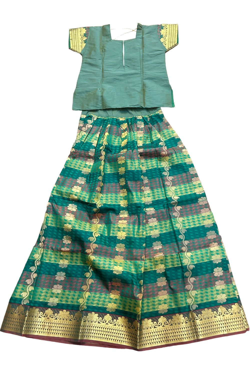 Midukki-Traditional South Indian Kids Pattu Pavada- Green top Green skirt with emboss work- Age 17&18 - KK17&18MID002