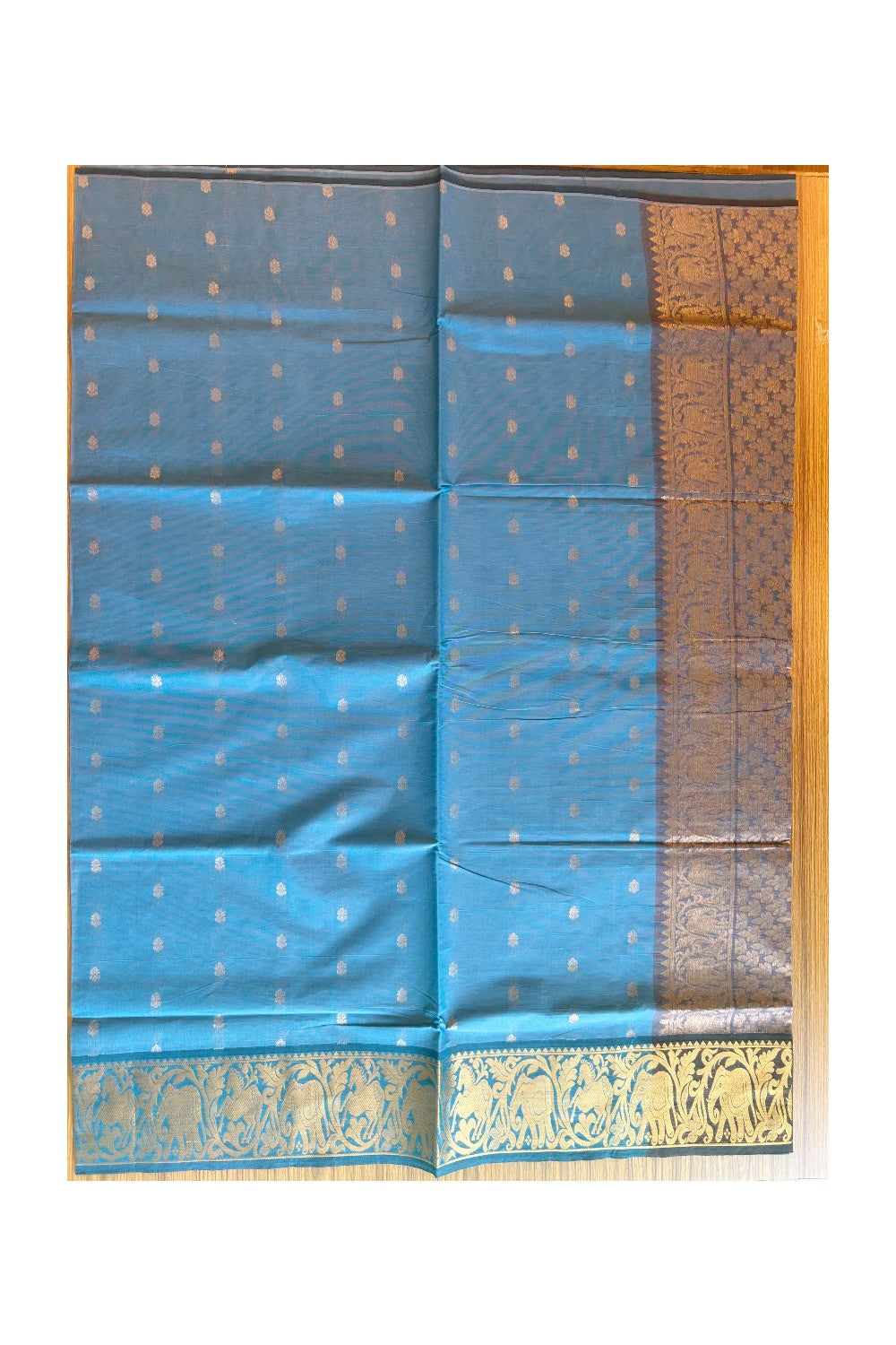 KaithariKada- Balaramapuram Saree - 100% PURE Cotton Silk - Blue & Black Elephant Design - 2KK1005PAN.