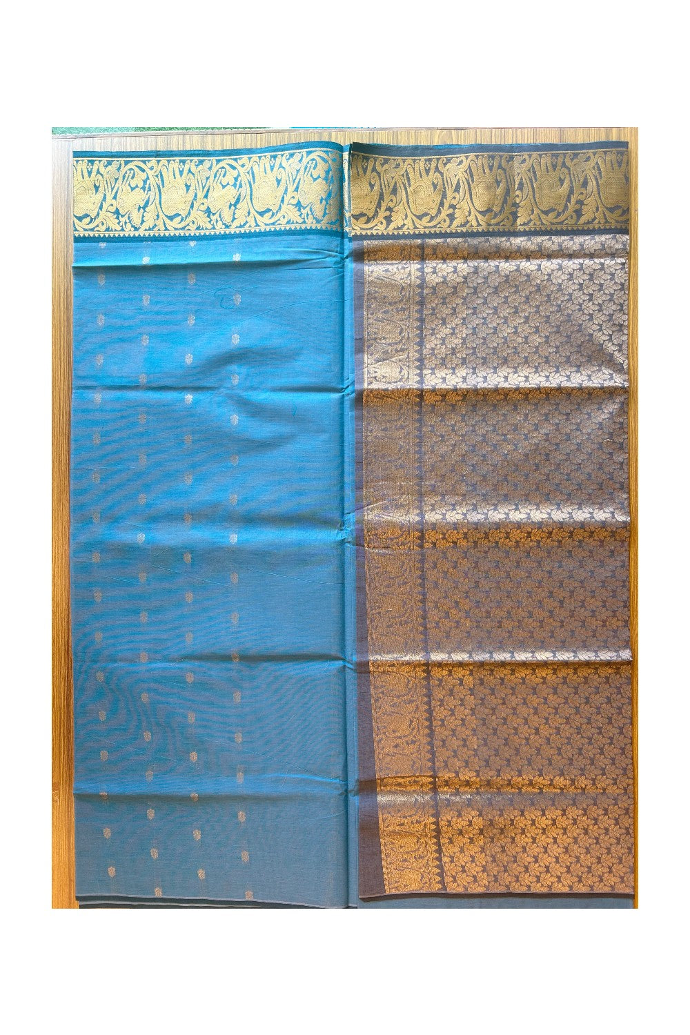 KaithariKada- Balaramapuram Saree - 100% PURE Cotton Silk - Blue & Black Elephant Design - 2KK1005PAN.