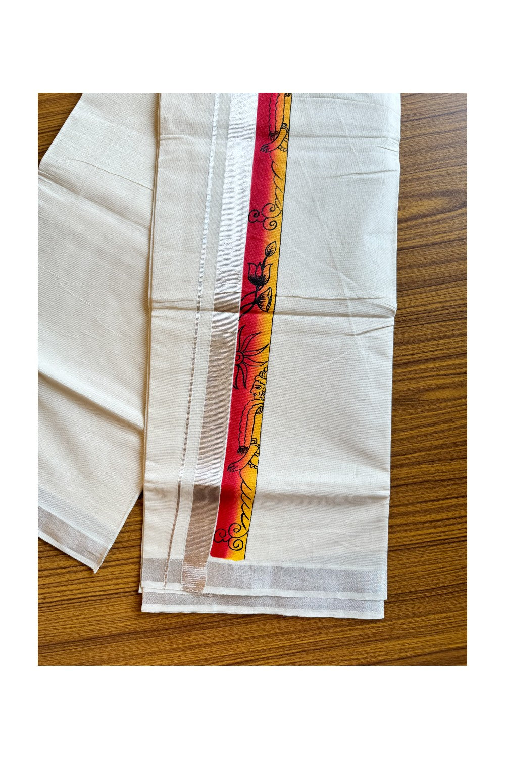 30% Discount! KaithariKada Balaramapuram 100% Cotton off white Double - (Unbleached) Mundu/Dhoti-80x72- Silver Kasavu HAND PAINTED Yellow Red Flower pattern 3inch Kara - 2KK424CEE