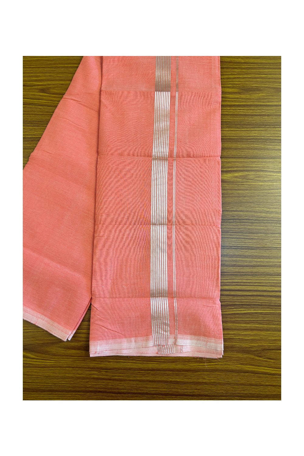 30% Discount! KaithariKada Handloom 100% Cotton Double Mundu/Dhoti - Peach Colour Body & Silver Striped 1.75inch Kara 3.80 mtr (8 Muzham) - 2KK452SOM